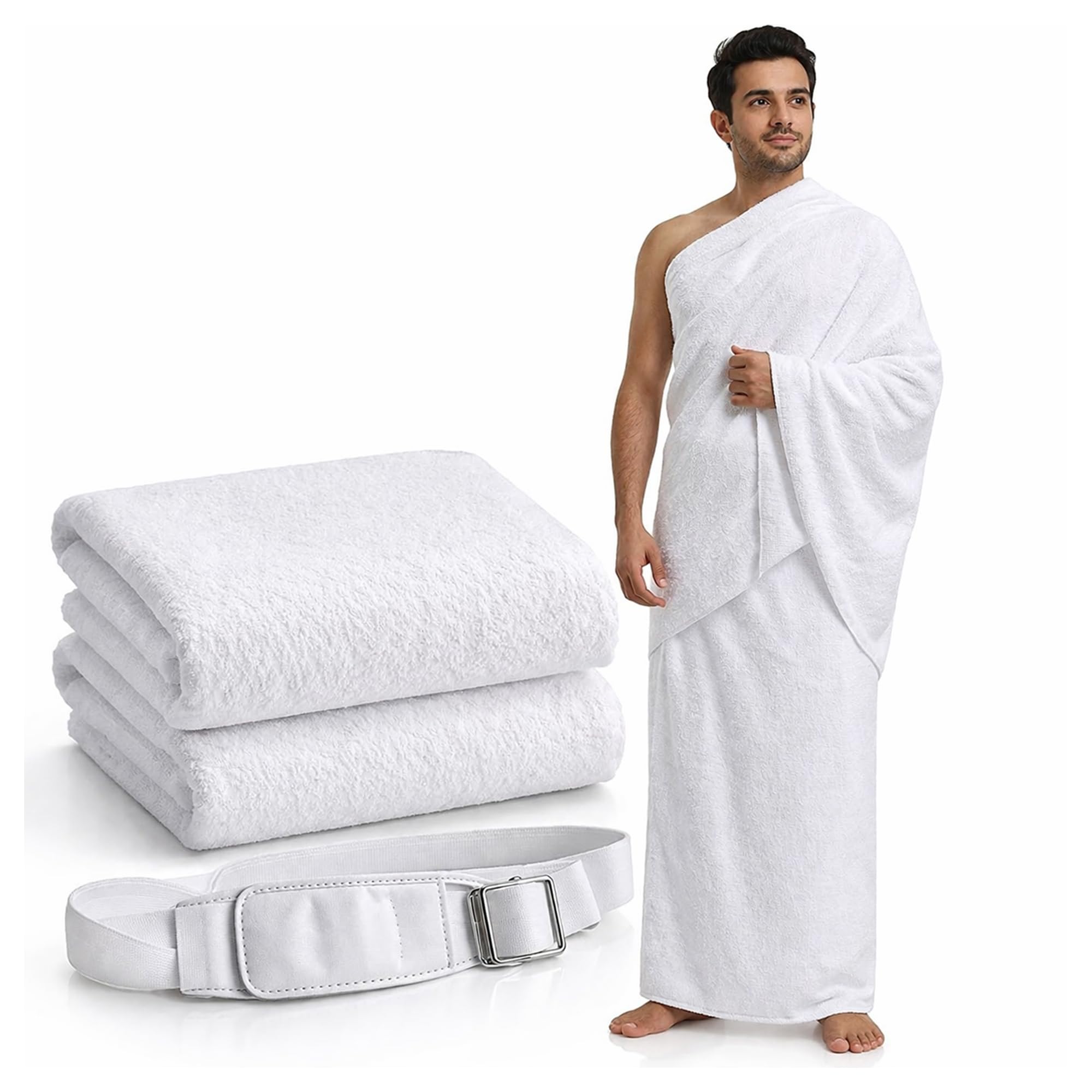 One Best Deal Men's White Obd Ihram For 2 Piece Set With Hajj Belt Soft Cotton Towel For Umrah Breathable Lightweight Islamic Clothing Ihram Set