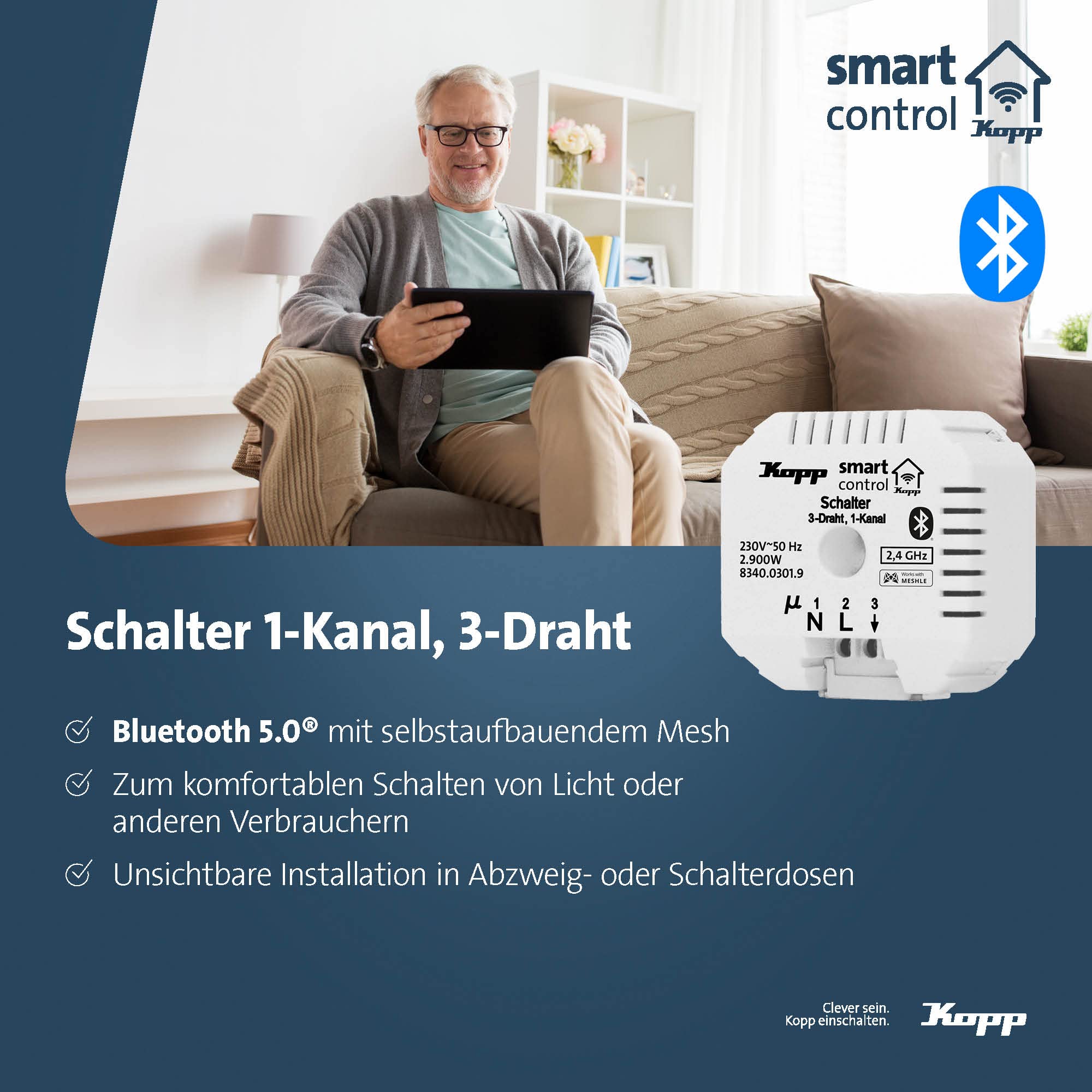 Kopp Smart-Control taktor przełączający, 1-kanałowy, 3-przewodowy, technologia Smart Home Bluetooth, Amazon Alexa, Google Home, 834003019