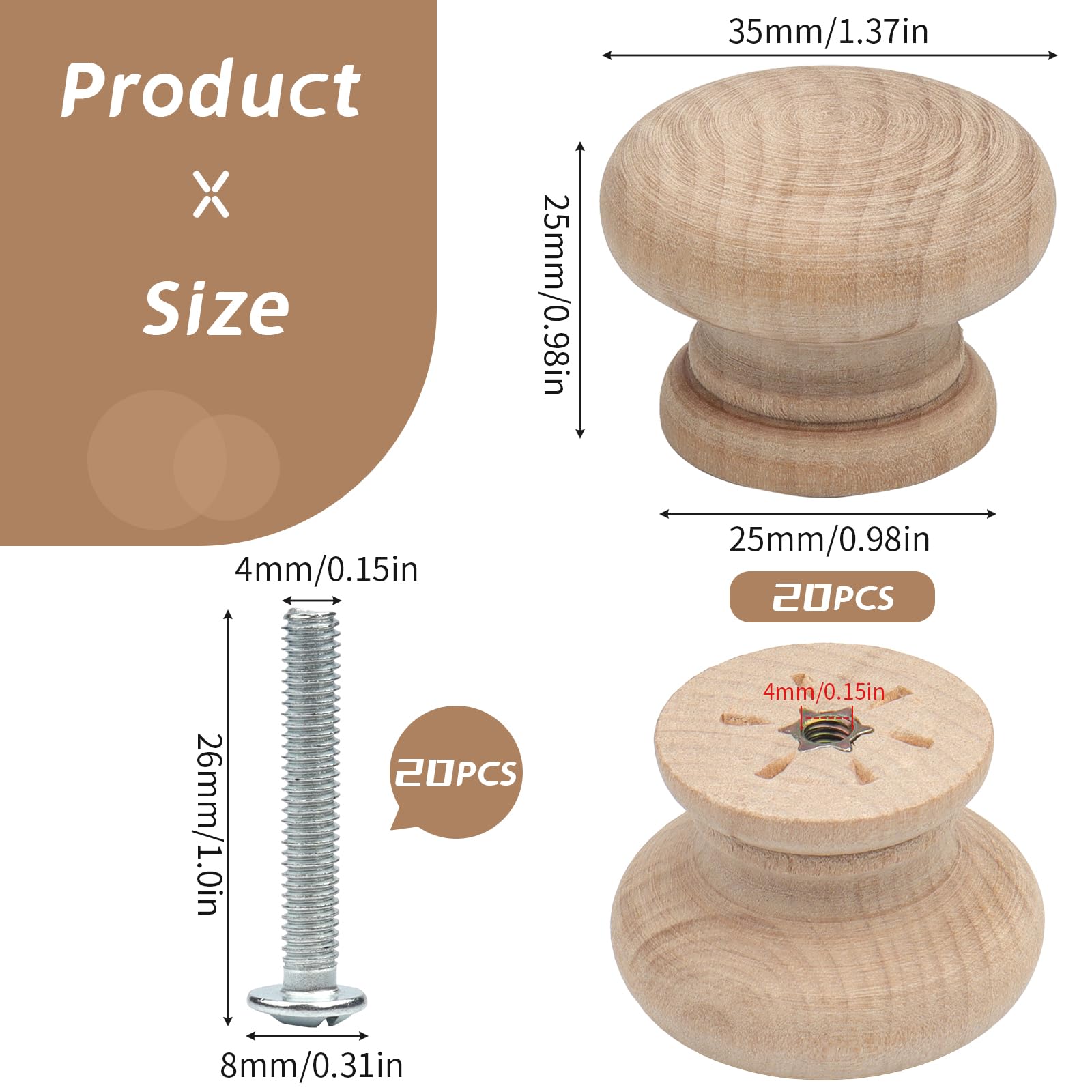Roellgs20PCS Wooden Knob, 35MM Round Vintage Drawer Knob, Wooden Kitchen Cabinet Door Drawer Handle, Wardrobe Furniture Screw Door Handle (35mm) - Image 2