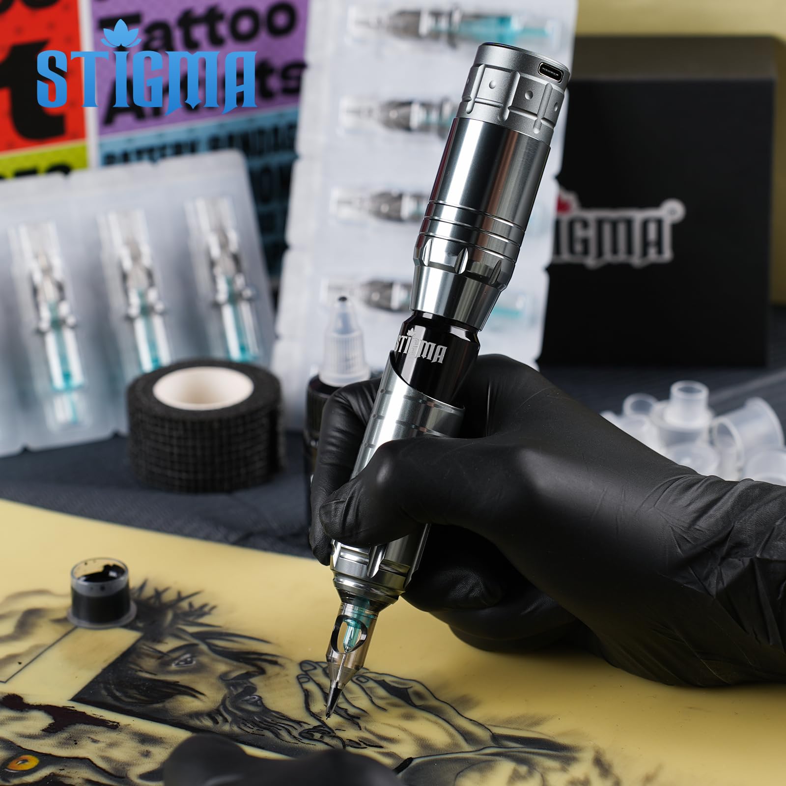 STIGMA Maquina de Tatuar, Kit Completo para Principiantes Inalanbrica Bateria con Maquina de Tatuaje Negra,Agujas,Tinta etc.