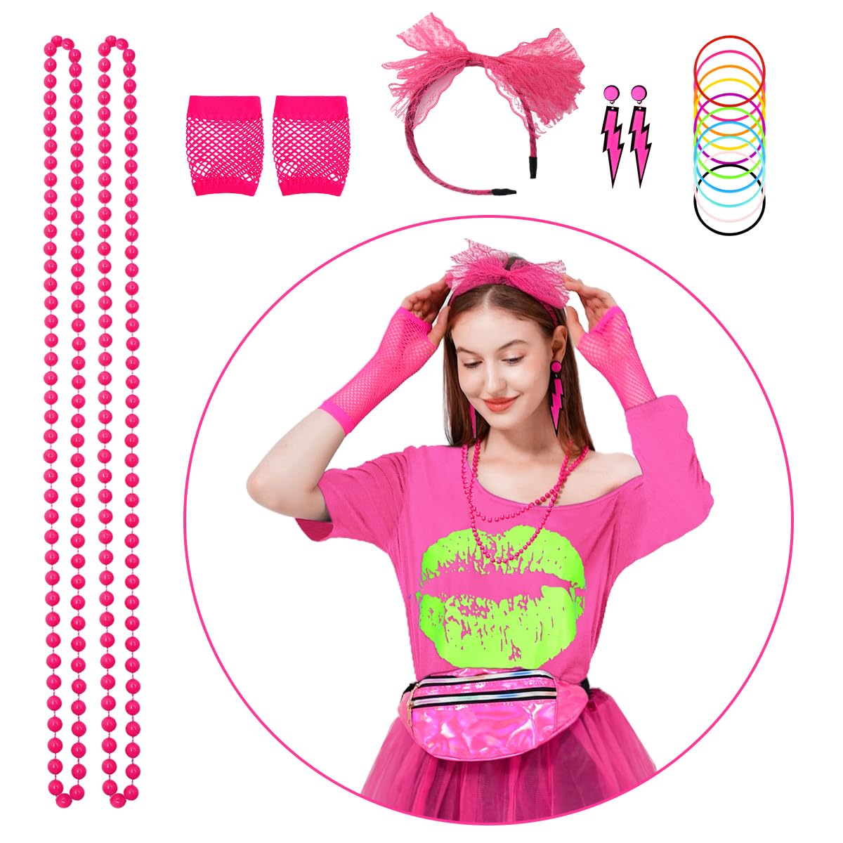 WILDPARTY Accesorios de disfraz de los años 80 para mujer, riñonera con tutú, diadema, aretes, collar, guantes de red, calentadores de piernas