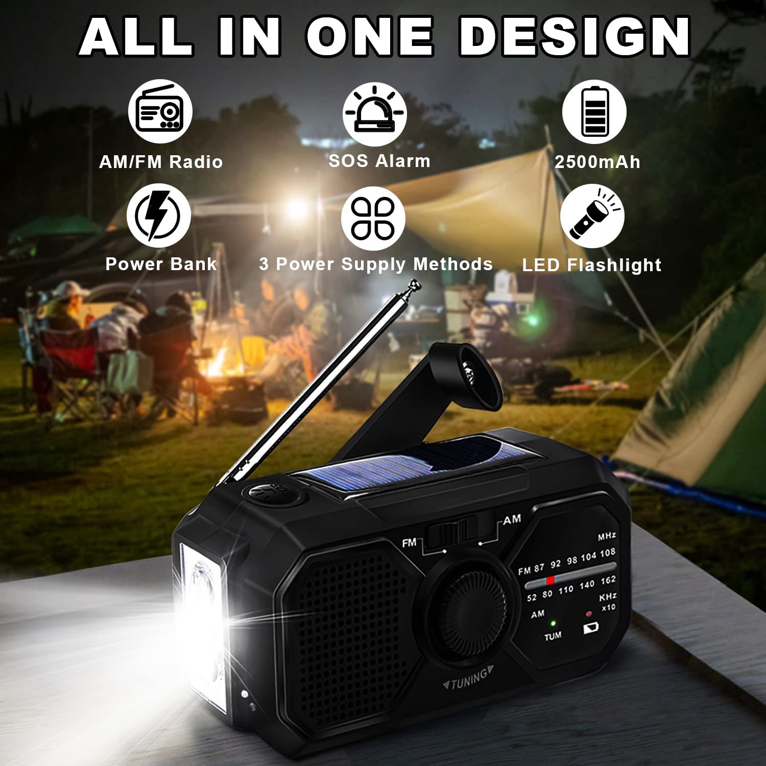 HOSSOM Solare Radio di Emergenza, AM/FM Radio a Manovella, Radio Portatile 2500mAh Ricaricabile con Torcia LED/Allarme SOS, per Campeggio, Ourdoor, Emergenza