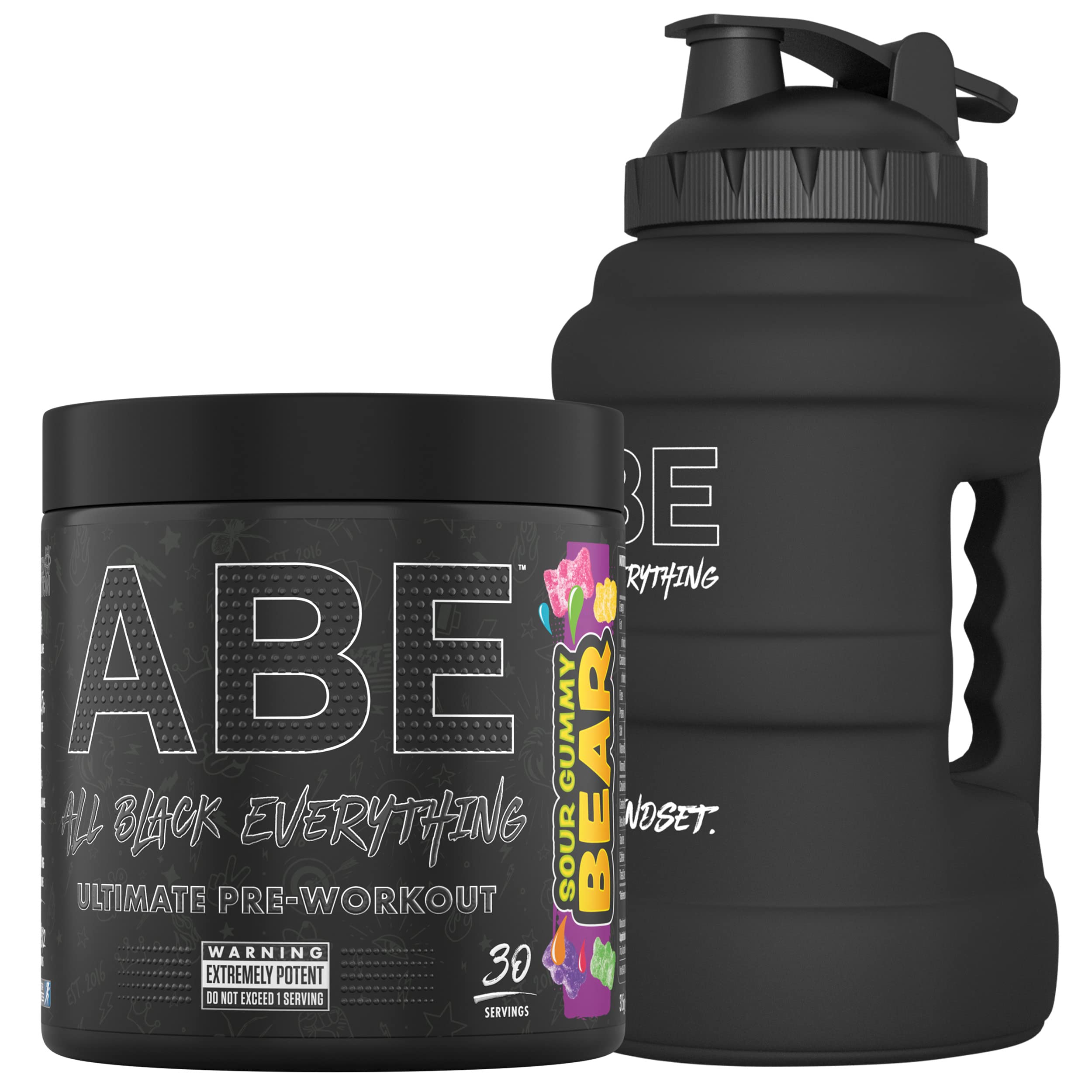 Applied NutritionBundle ABE Pre Workout 315g + JUG 2.5 LT Matt Black | All Black Everything Pre Workout Powder, Energy & Physical Performance with Creatine, Beta Alanine (Sour Gummy Bear)