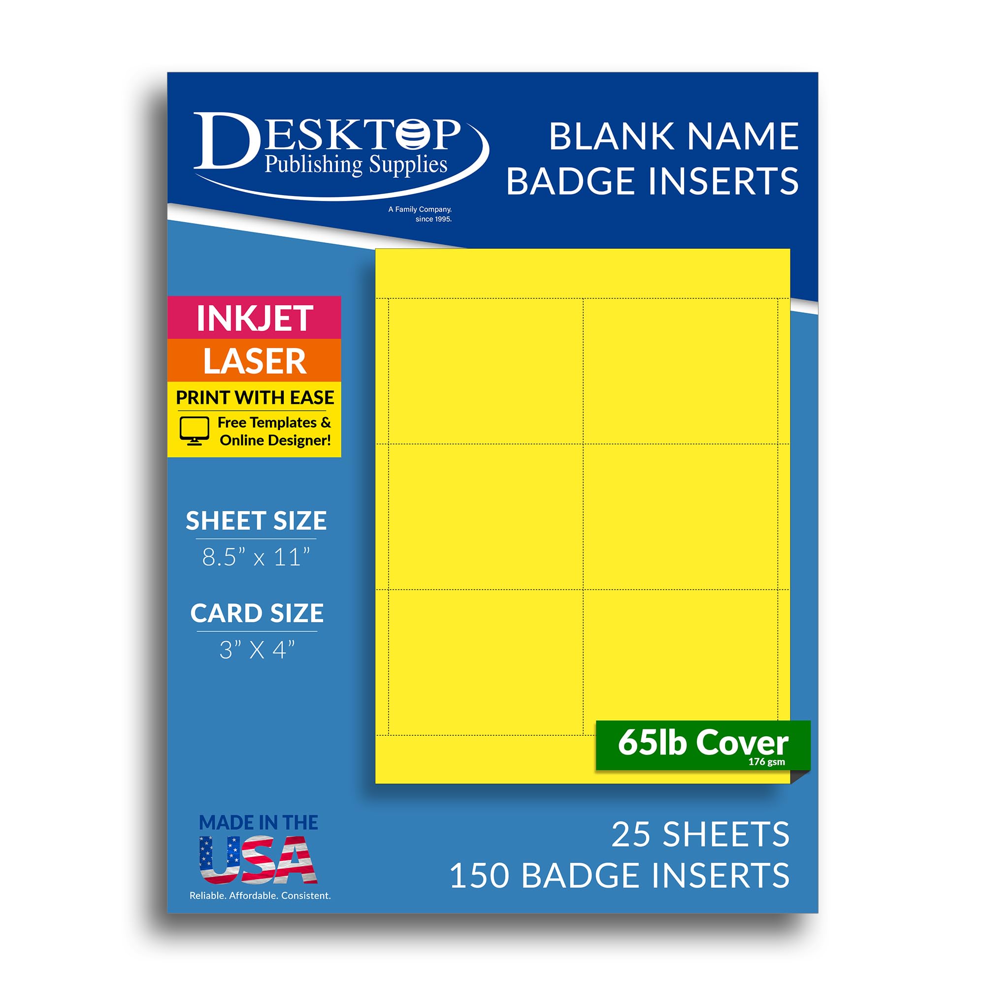 Photo 1 of Bright Yellow Printable Name Badge Inserts, 3" x 4" Cardstock Name Tag Cards, 150 Colored Name Badge Insert Refills for Events & Conferences, Inkjet/Laser Printer - 65lb Cover (176gsm) 6 Up, 25 Sheets