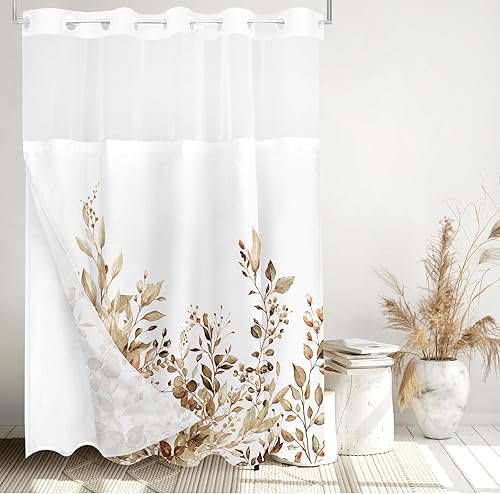 Miniatura 16 de Tititex - Juego de cortinas de ducha de hojas de eucalipto verde con cierres de presión, sin ganchos, forro interior verde, hojas de acuarela en la