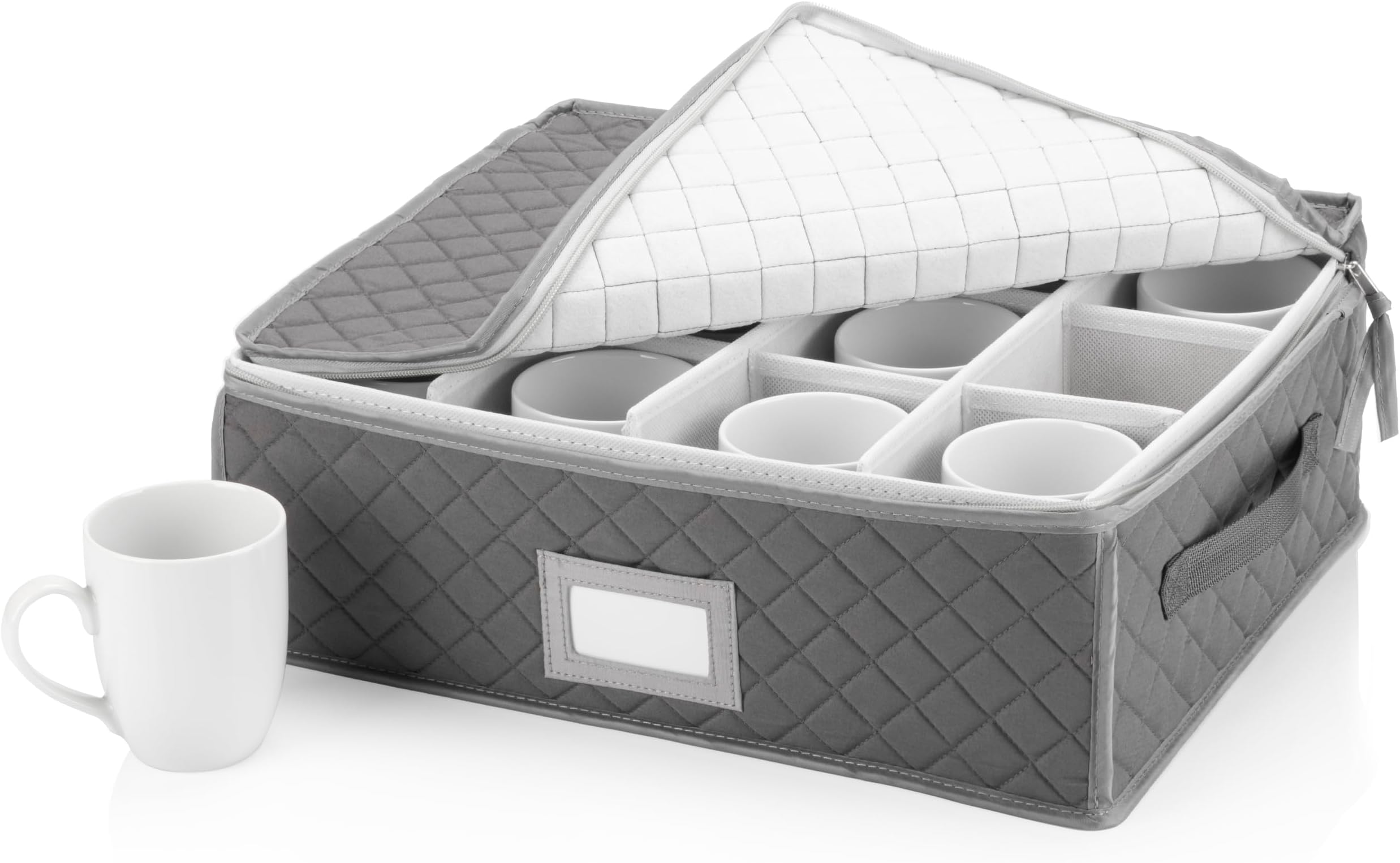 Stack Store Plus More China Cup Storage Chest - Quilted Fabric Container in Gray Measuring 16" x 13" x 6"H - Perfect Storage Case for Coffee Cups - Tea Cups - Mugs
