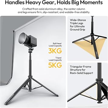 ULANZI MT93 Universal 1/4 Light Stand Camera Tripod w Auto-Open w UKA Quick-Release, 63 Portable Adjustable Ball Head Tripod for Cameras/Video Light/Phone/Outdoor Photo, Up Load 6.61lb, w Bag