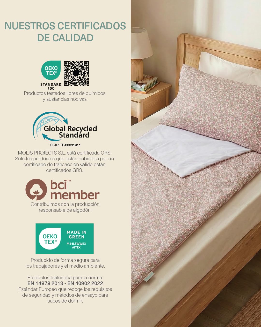 molis&co - Saco de Dormir Infantil - Saco Edredón Relleno Nórdico - Ideal para Primavera y Otoño - Juego de Manta 140x70cm con Almohada 60x40cm - 100% algodón