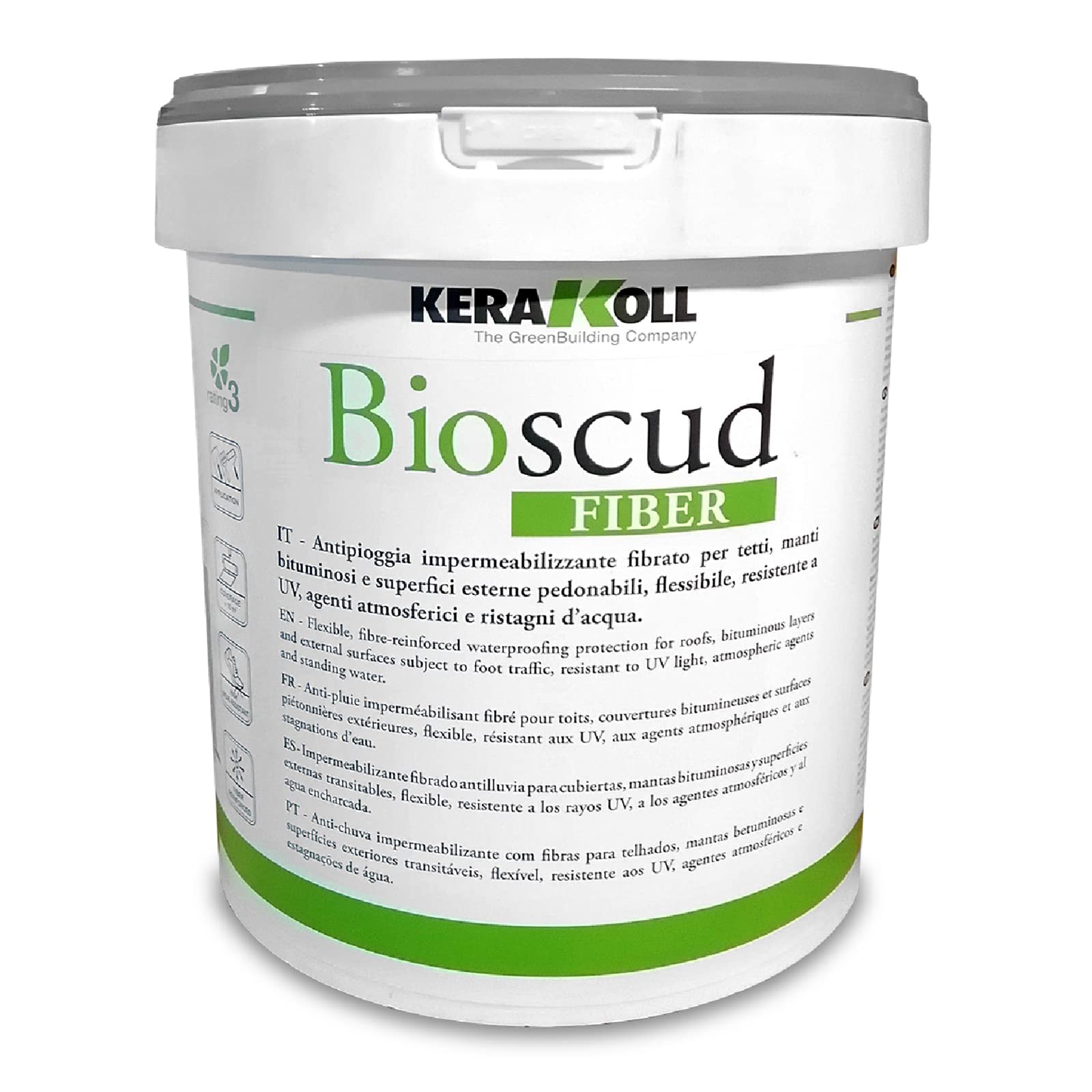 Kerakoll antipioggia impermeabilizzante fibrato multiuso flessibile per tetti manti bituminosi e superfici esterne calpestabili BIOSCUD FIBER grigio 20 kg