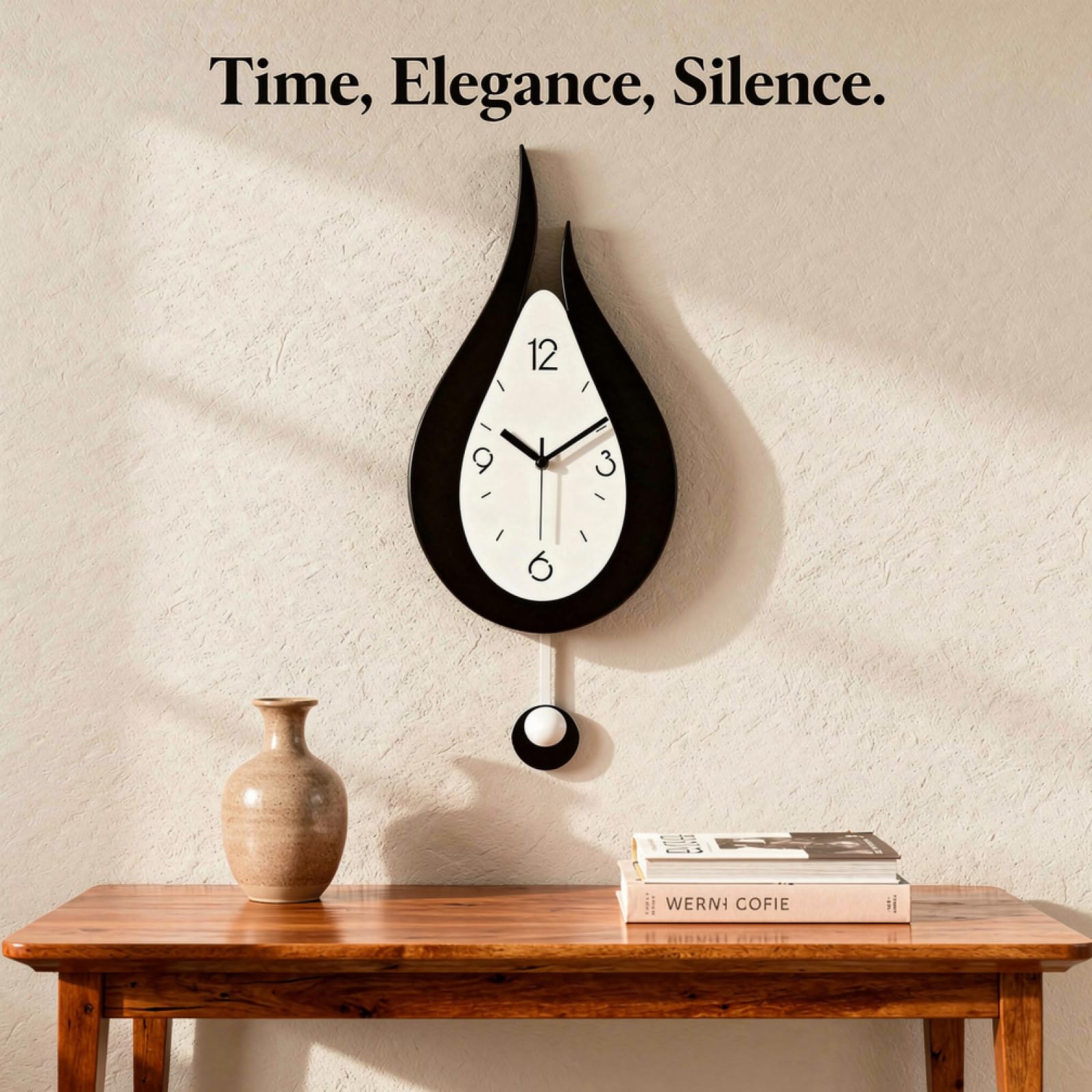Reloj de pared con péndulo acrílico de gota de agua, 24 x 52 cm, estilo moderno en blanco y negro, movimiento silencioso, relojes decorativos para sala de estar, dormitorio, oficina