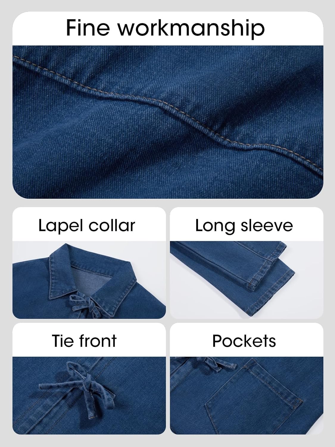 PLNOTME Womens Jean Jacket Tie Front Denim Shacket Tops Fall Fashion Long Sleeve Shirts Coat with Pockets - Image 5