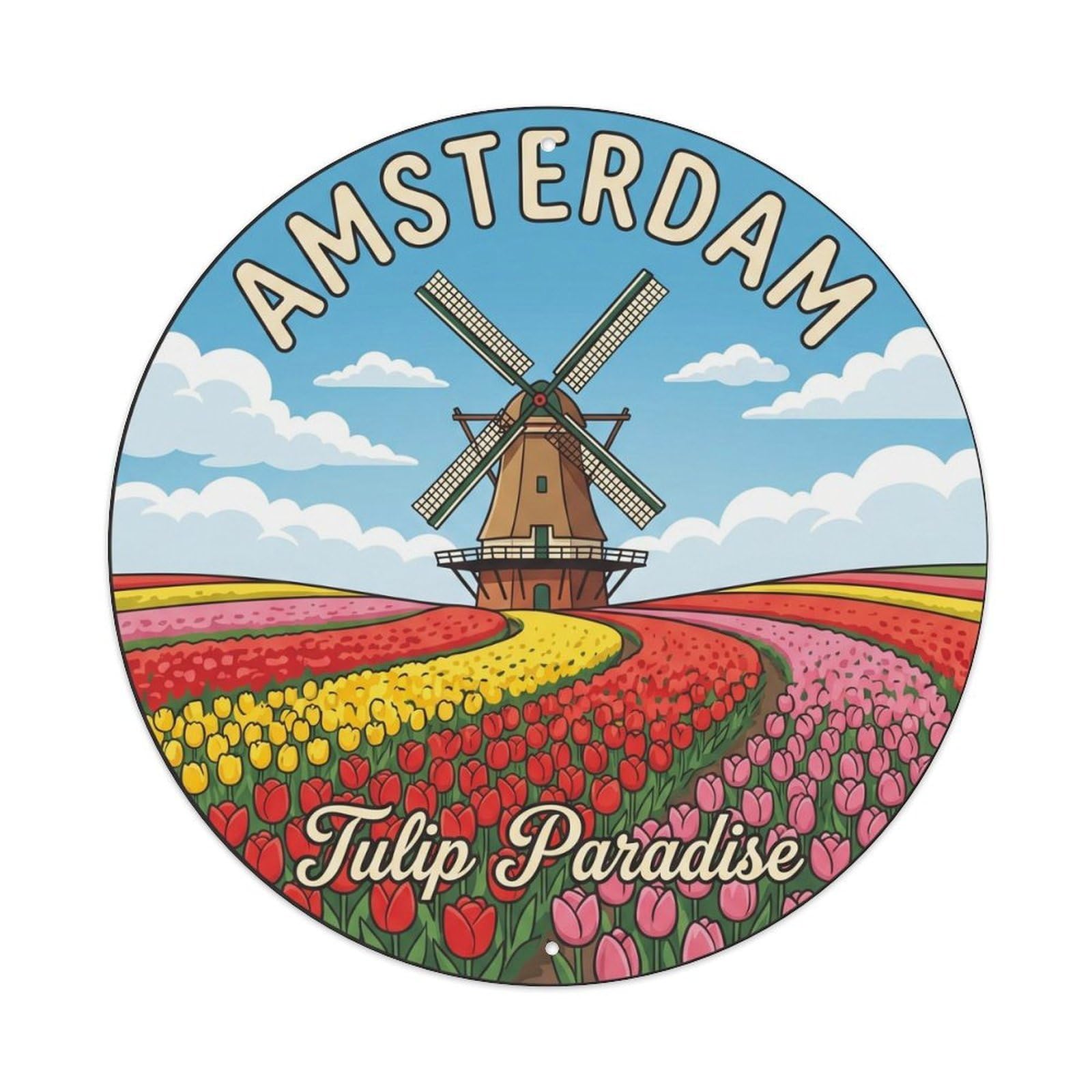 Vintage Travel Dutch Windmill Tulips Metal Tin Sign