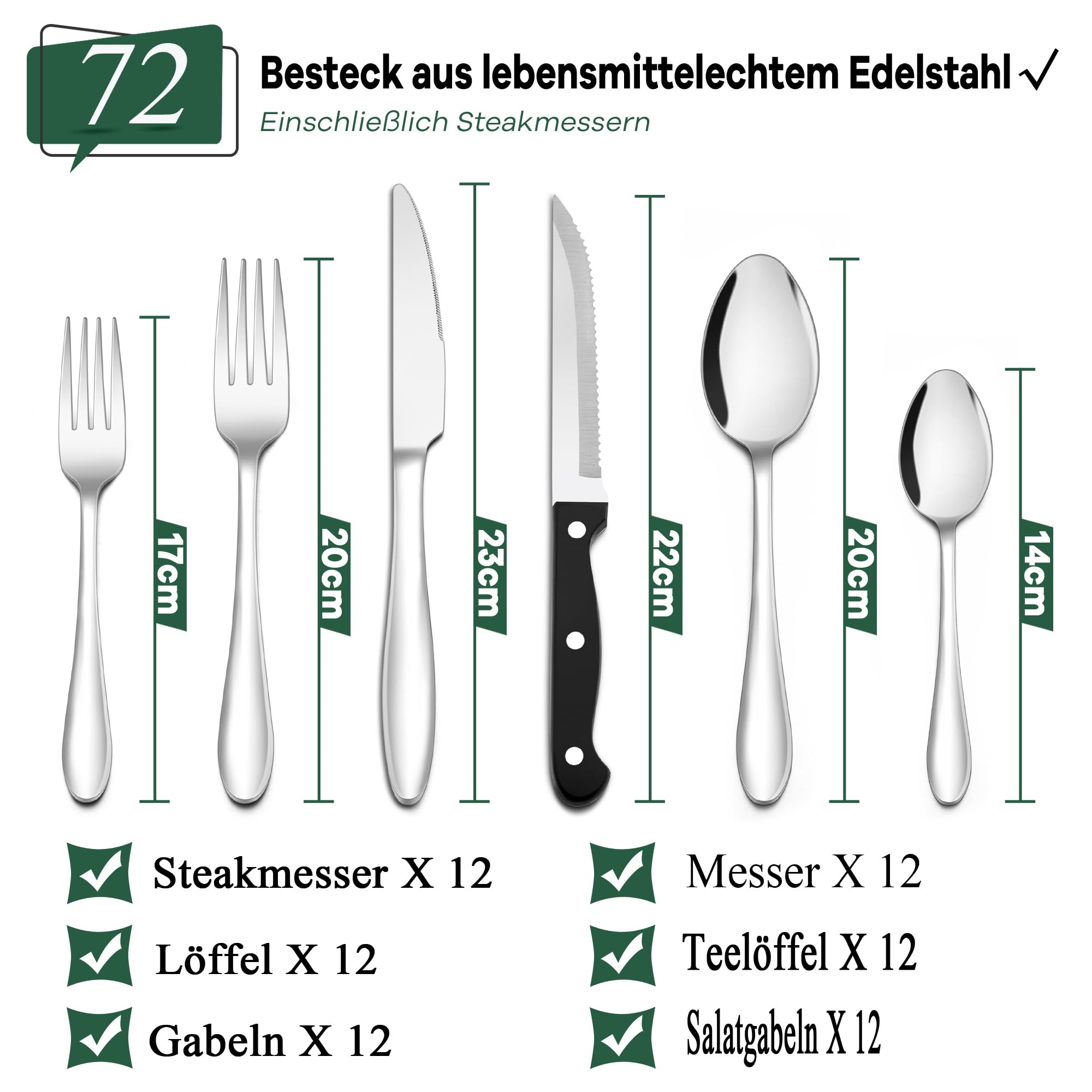 Joyfair Juego de cubiertos de acero inoxidable de 72 piezas con cuchillo de carne