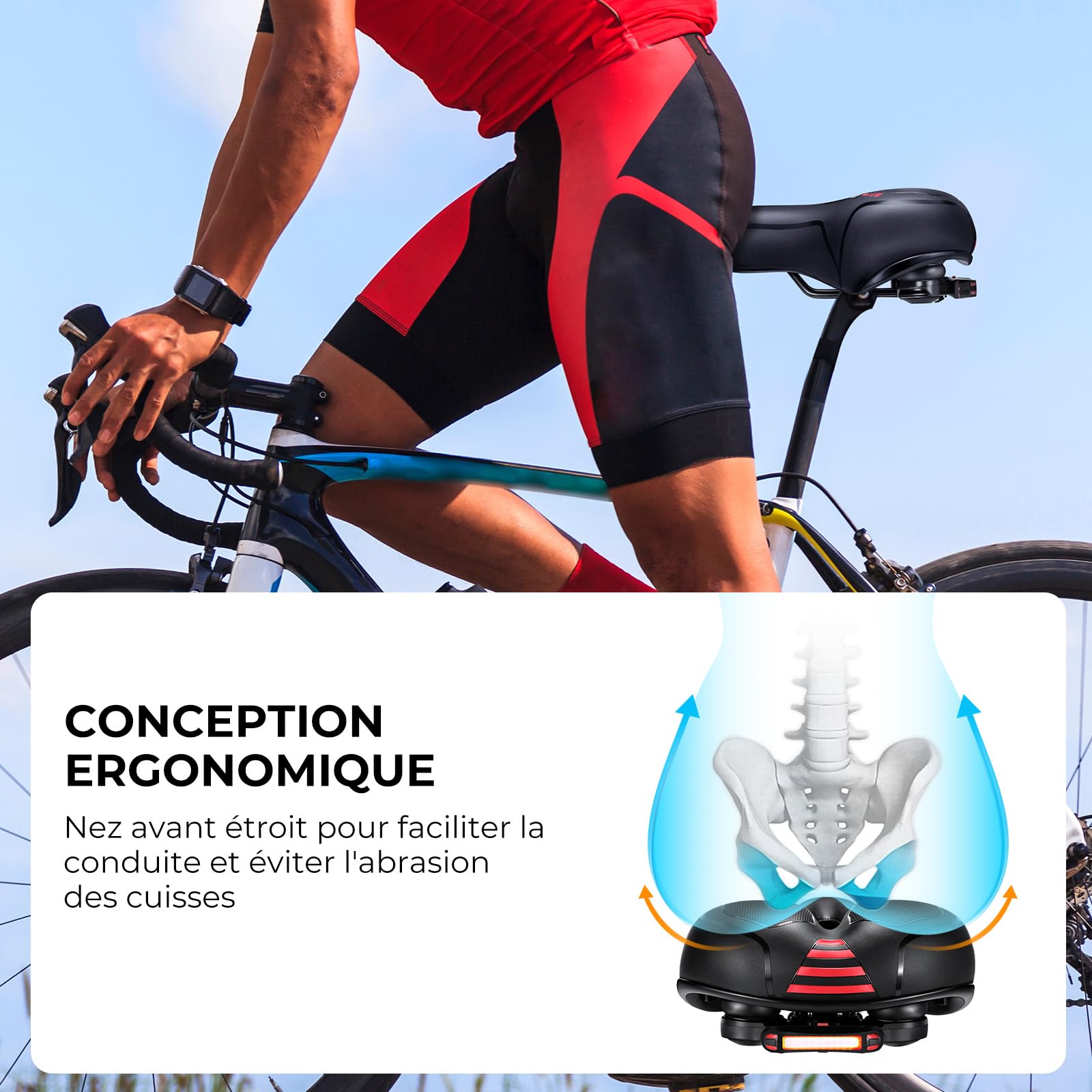 YOUNGDO Selle de Vélo Ultra Confortable, Selle Vélo avec Feu Arrière, Selle Velo Confortable avec Boule d'Amortisseur à Double Ressort, Imperméable, Doux, Respirant, pour Vélo de Ville/VTT