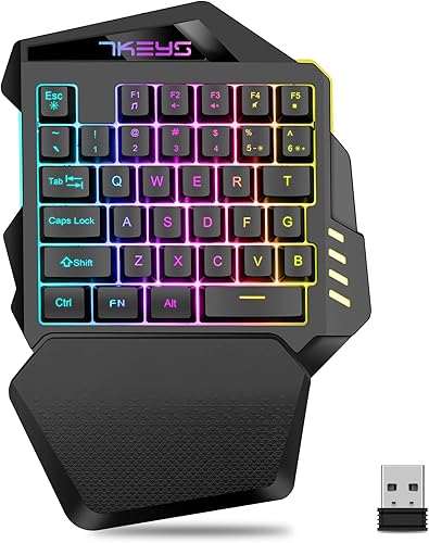 7KEYS Teclado inalámbrico para juegos con una mano, medio teclado de 2.4 GHz, retroiluminación RGB de 35 teclas, cómodo reposamuñecas, teclado de