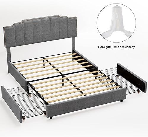 Miniatura 7 de IKAYAA Base de cama Queen tapizada con cabecero y 2 cajones de almacenamiento, cama moderna de tamaño Queen, no necesita somier, listones de madera,