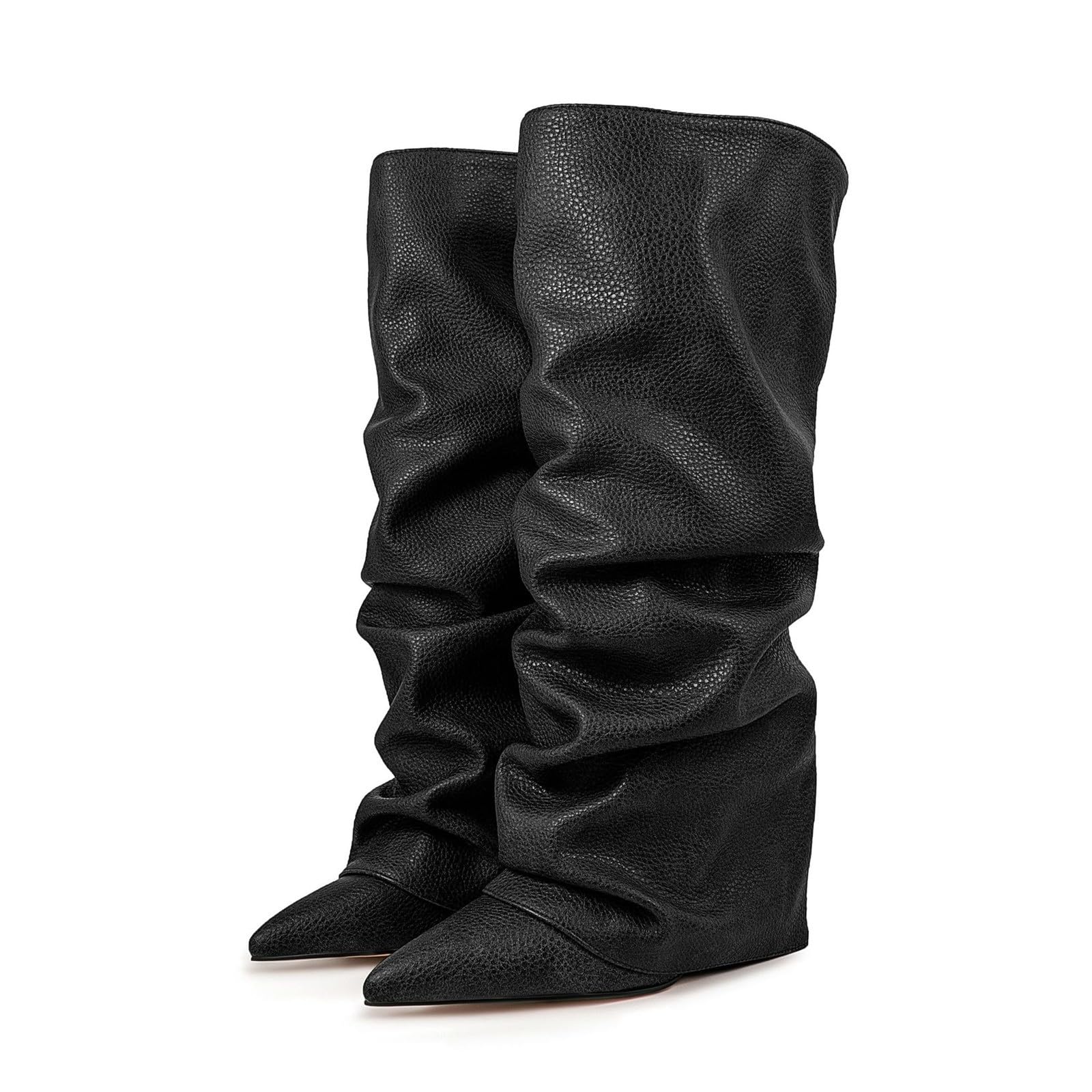 Genérico Botas Altas Mujer Caña Ancha, Botas De Invierno Mujer Moda Punta Puntiaguda Plisada Cómodas Casuales Apiladas Bota hasta La Rodilla Elegante Salvaje Sólido Antideslizante Tacón Grueso Bota