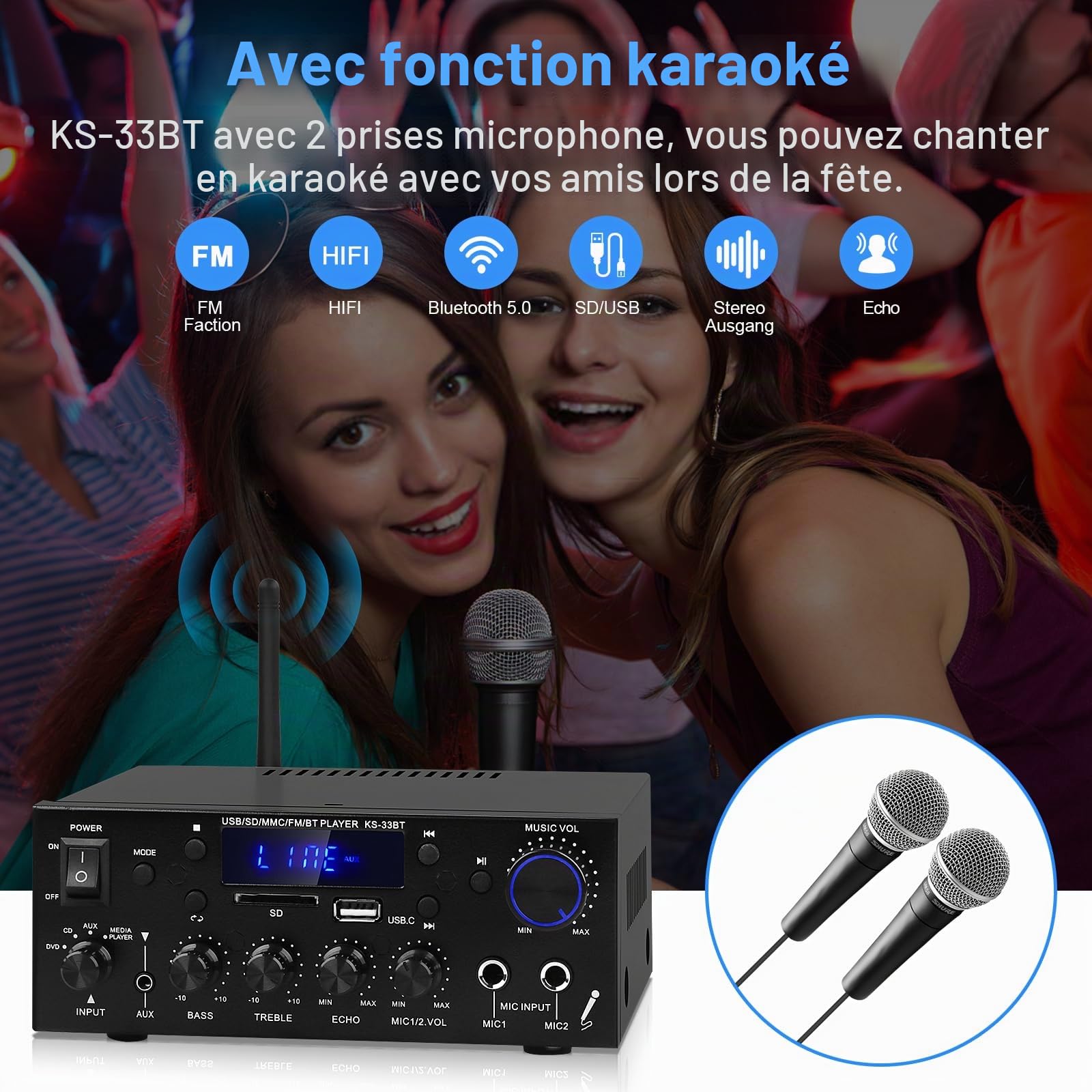 Amplificateur Audio Domestique,KS-33BT Bluetooth 5.0 HiFi Amplificateur,RMS 60Wx2 Max400Wx2 Récepteur d'Amplificateur Stéréo W/echo,USB/SD/AUX/BT.C/FM Microphone pour Home Cinéma,Voiture,Fête,Karaoké