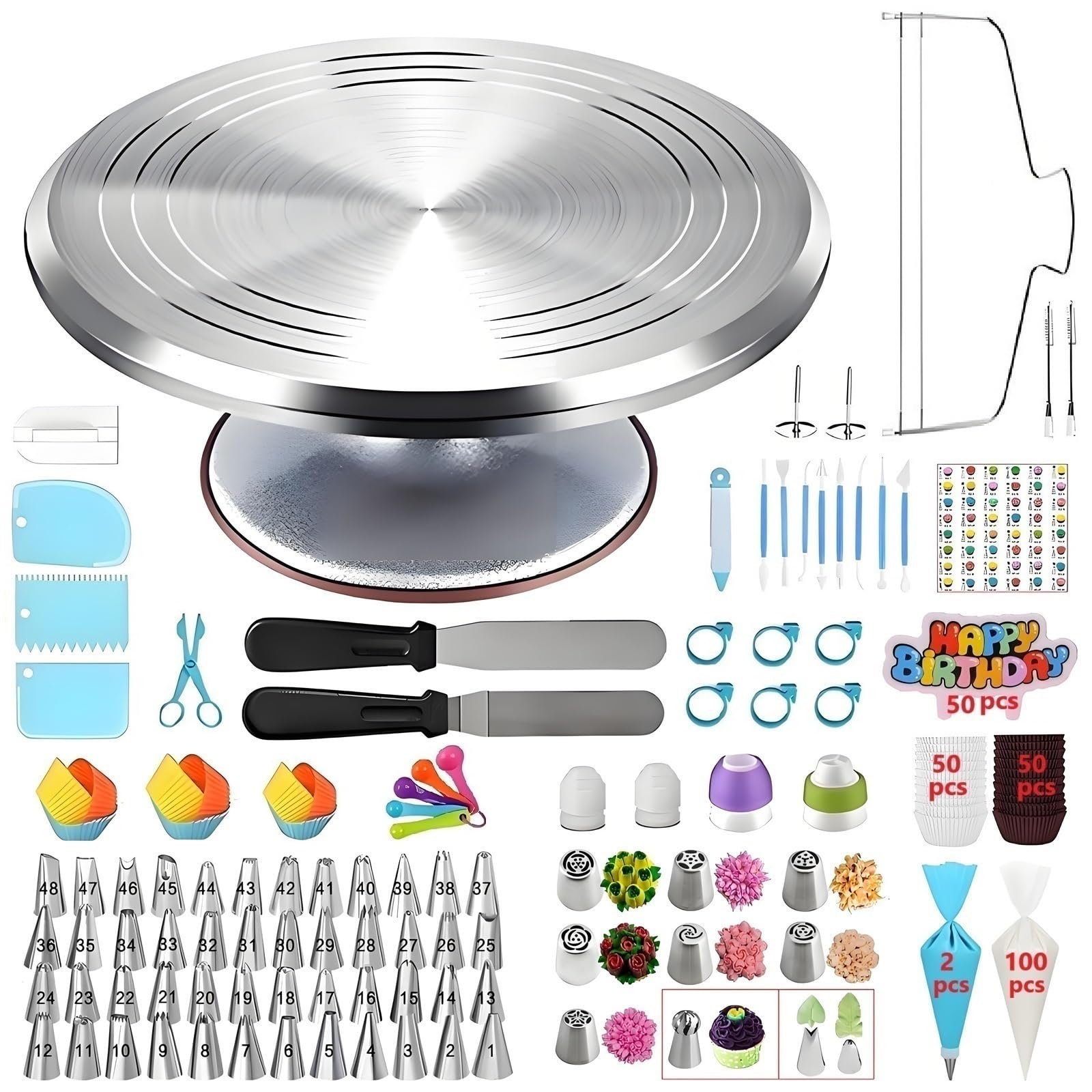 Kit Pasticceria Professionale 33 Pezzi: Piatto Girevole Alluminio 12", Spatole, Ugelli Per Decorare Torte E Dolci