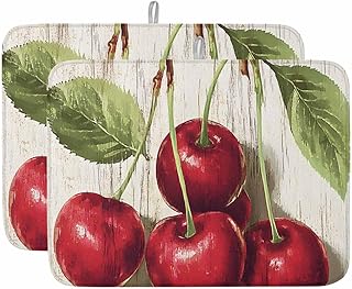 Cherry Dish Drying Mat, 18''x24'', 2PCS, Fruit Watercolor Vintage Wood Texture Super Absorbent Kitchen Mats Dish Drying Pad for Kitchen Counter