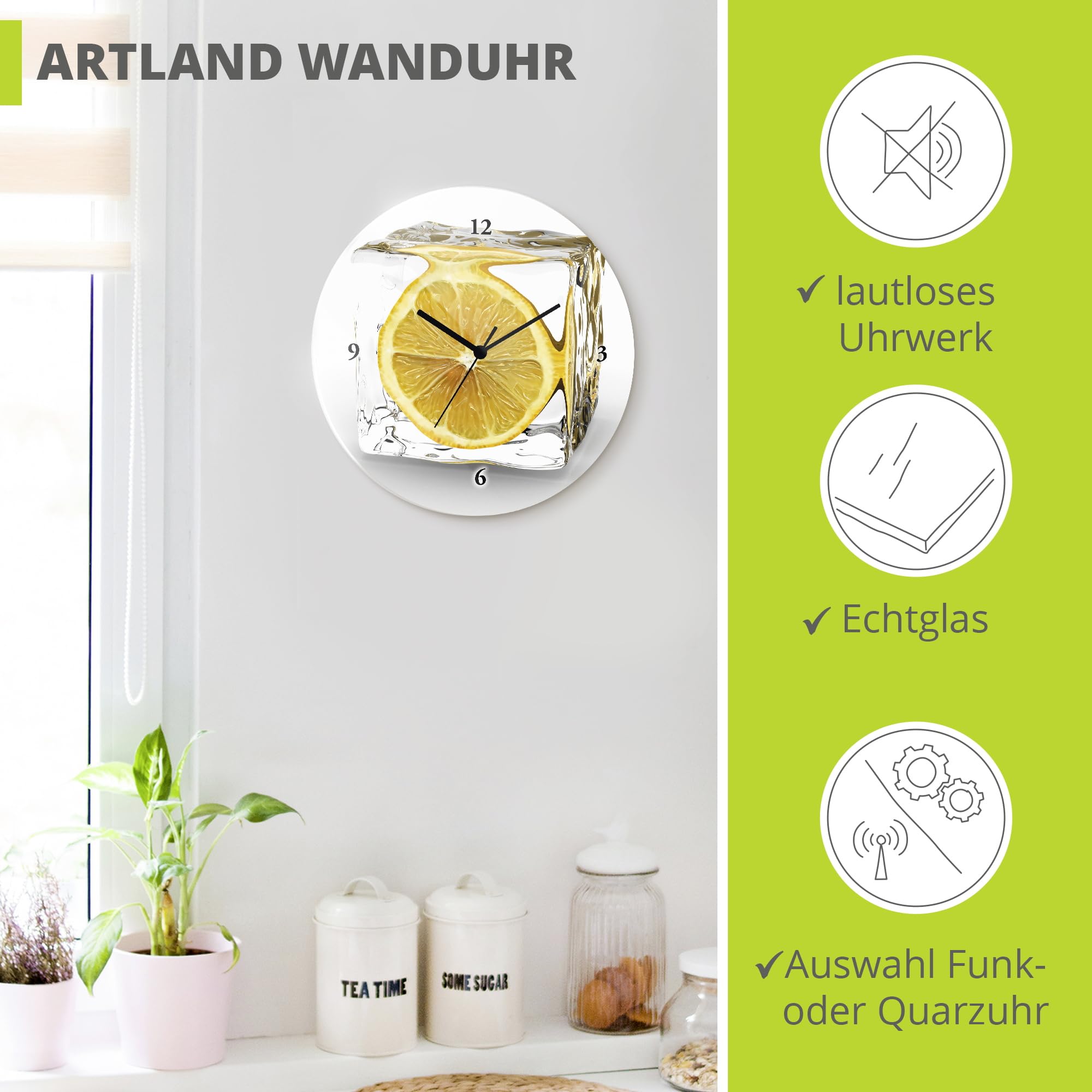 ARTLAND Wanddeko Wanduhr ohne Tickgeräusche Glas Quarzuhr Ø 30 cm Rund Lautlos Obst Früchte Zitrone im Eiswürfel Frucht Kreativ T5XT