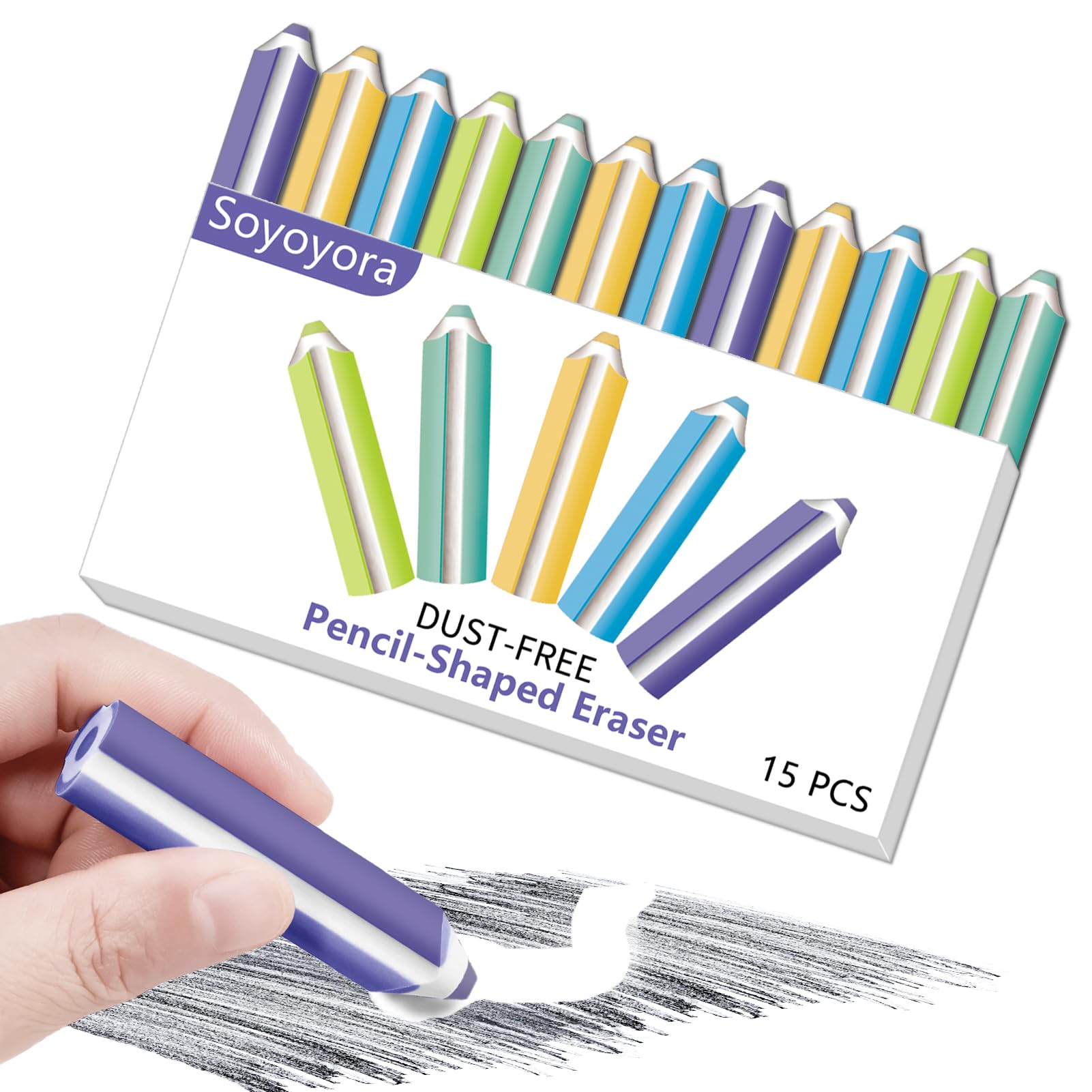 15 Pcs Eraser Pencil-Shaped Rubber Pencil Rubber Erasers for Kids Rubbers Erasers 5 Colors Eraser Multipack Cute Rubbers Eraser Pencil Dust-Free Rubbers Erasers for Kids Artist School Office