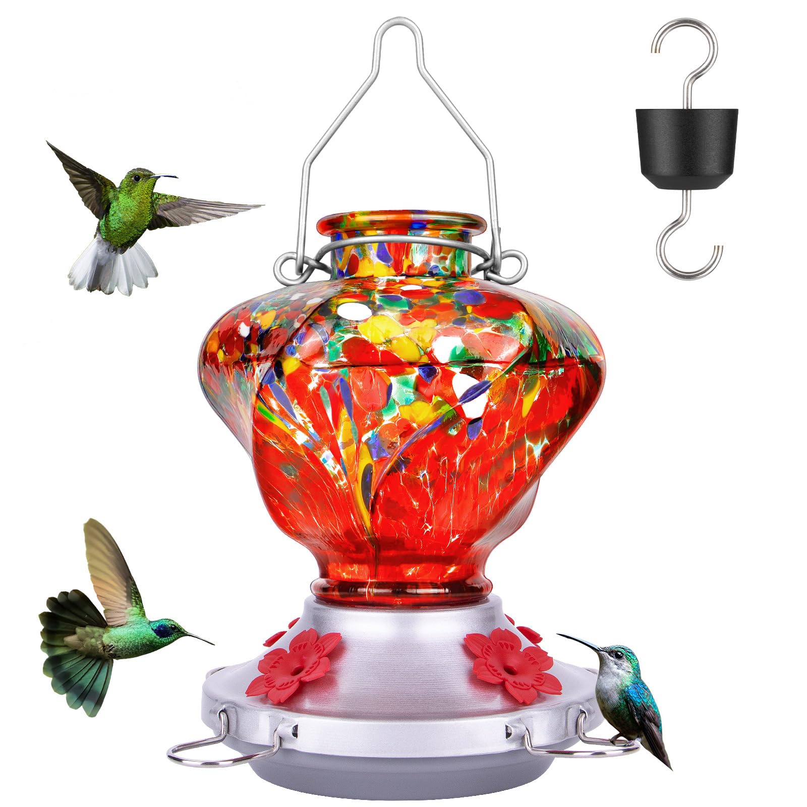 XAROO Hand-Blown 16 oz Glass Hummingbird Feeder