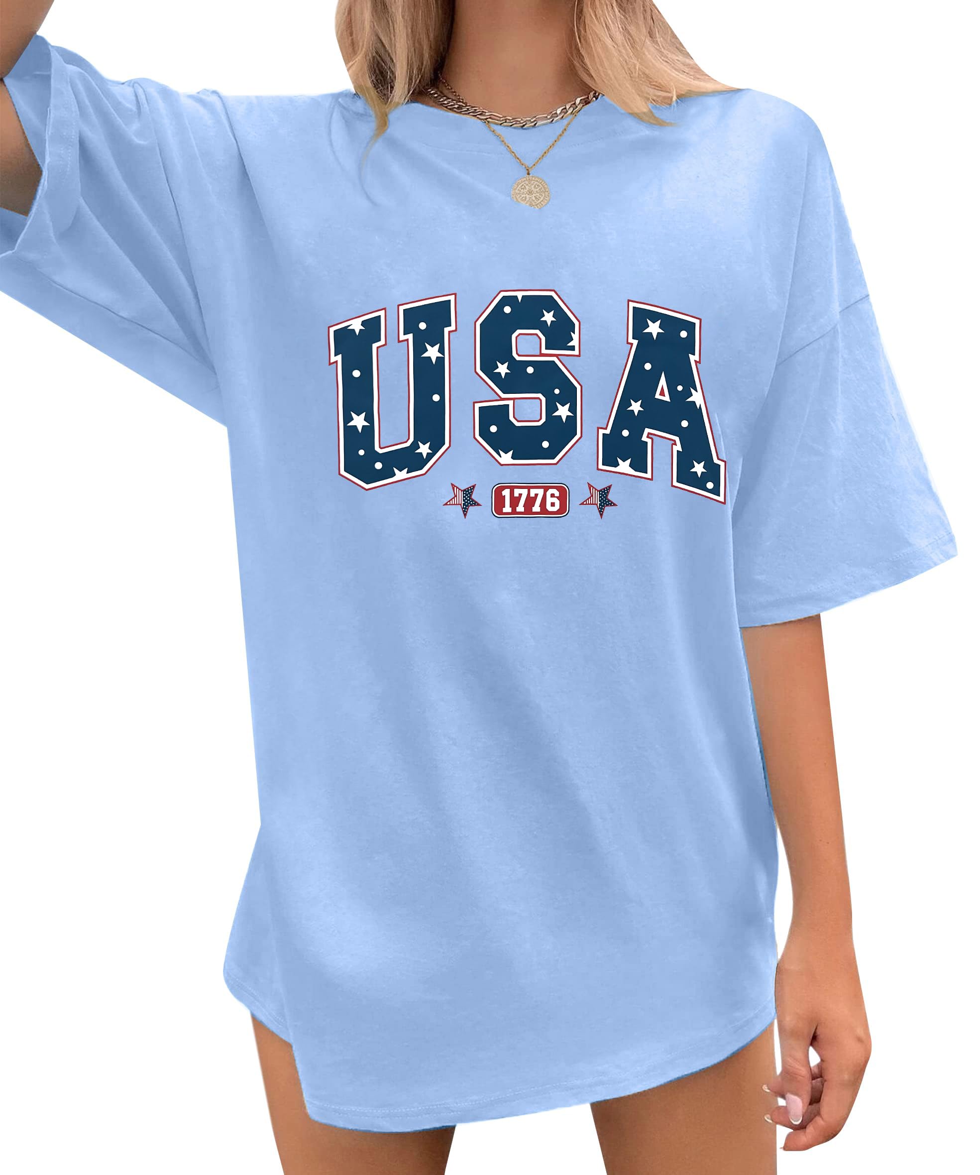 USA Shirt for Women American Flag Tshirt Oversized 4th of July Patriotic Tee Short Sleeve Memorial Day Tops