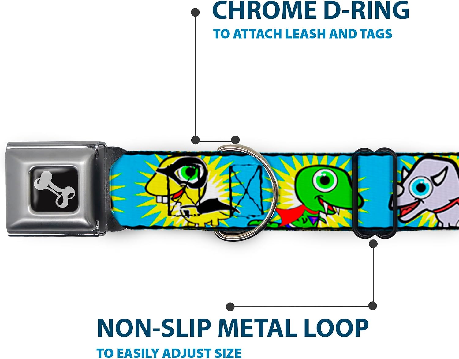 Buckle-Down Seatbelt Buckle Dog Collar - Dinosaur Superhero Baby Blue - 1" Wide - Fits 9-15" Neck - Small