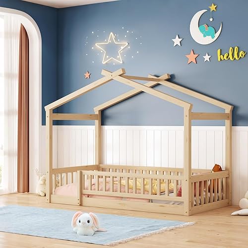 Miniatura 172 de Bellemave Cama de casa tamaño matrimonial con barandillas de valla, marco de cama de madera estilo Montessori para niños, divertidas camas de casa