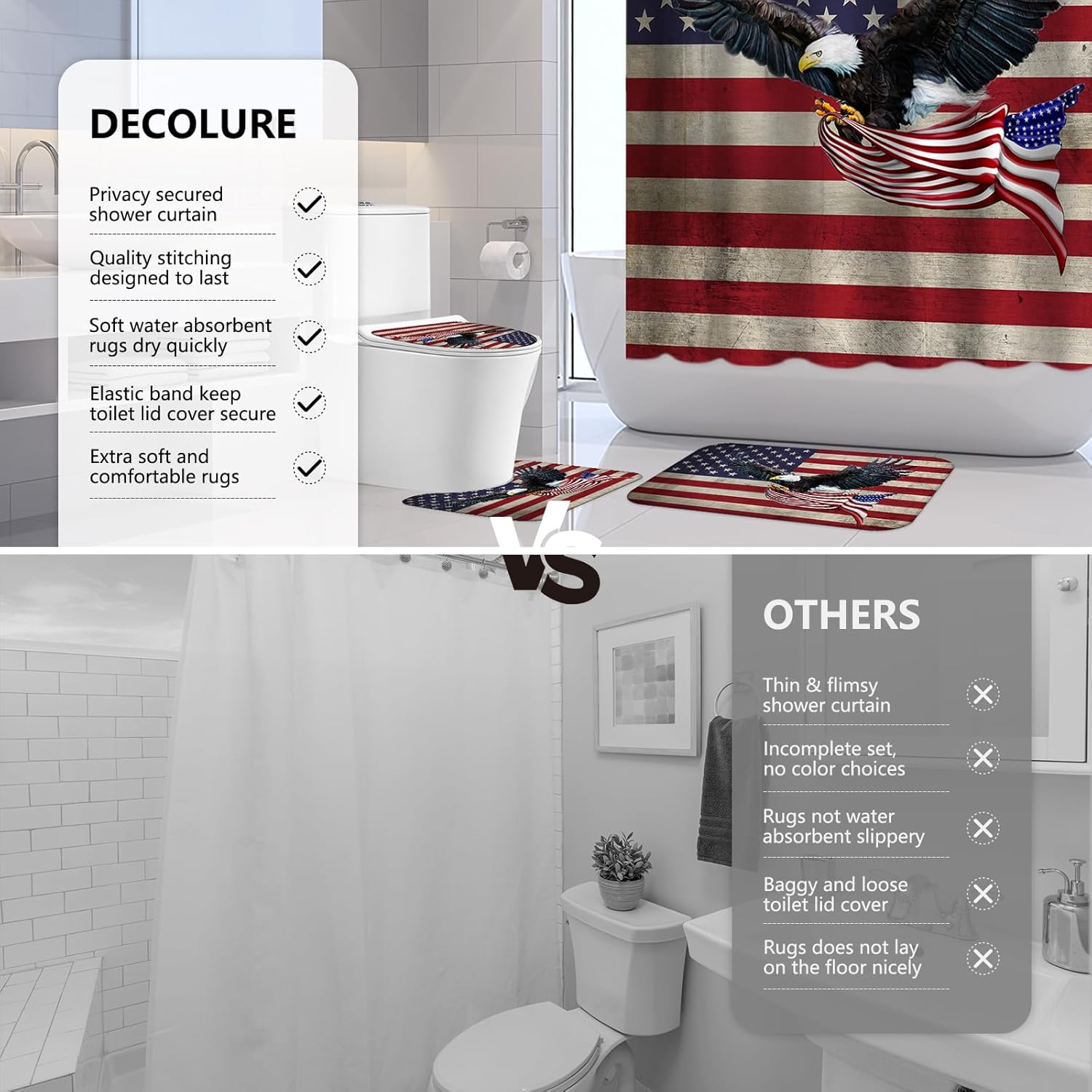 APROPHIC Flag Shower Curtain Set 4 Piece, Independence Day Patriotic Theme Shower Curtain Sets with Rugs, 4th of July Toilet Lid Cover and Memory Foam Non Slip U Shape Mat