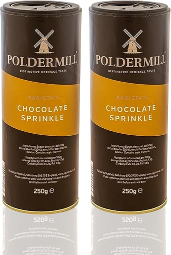 Poldermill 2 Pack Chocolate Sprinkler Shaker   2   250 g Barista Grade Cocoa Dust   Vegan, Nut Free Coffee Topping for Lattes, Cappuccinos, Hot Chocolate & Desserts - Avalo Supplies