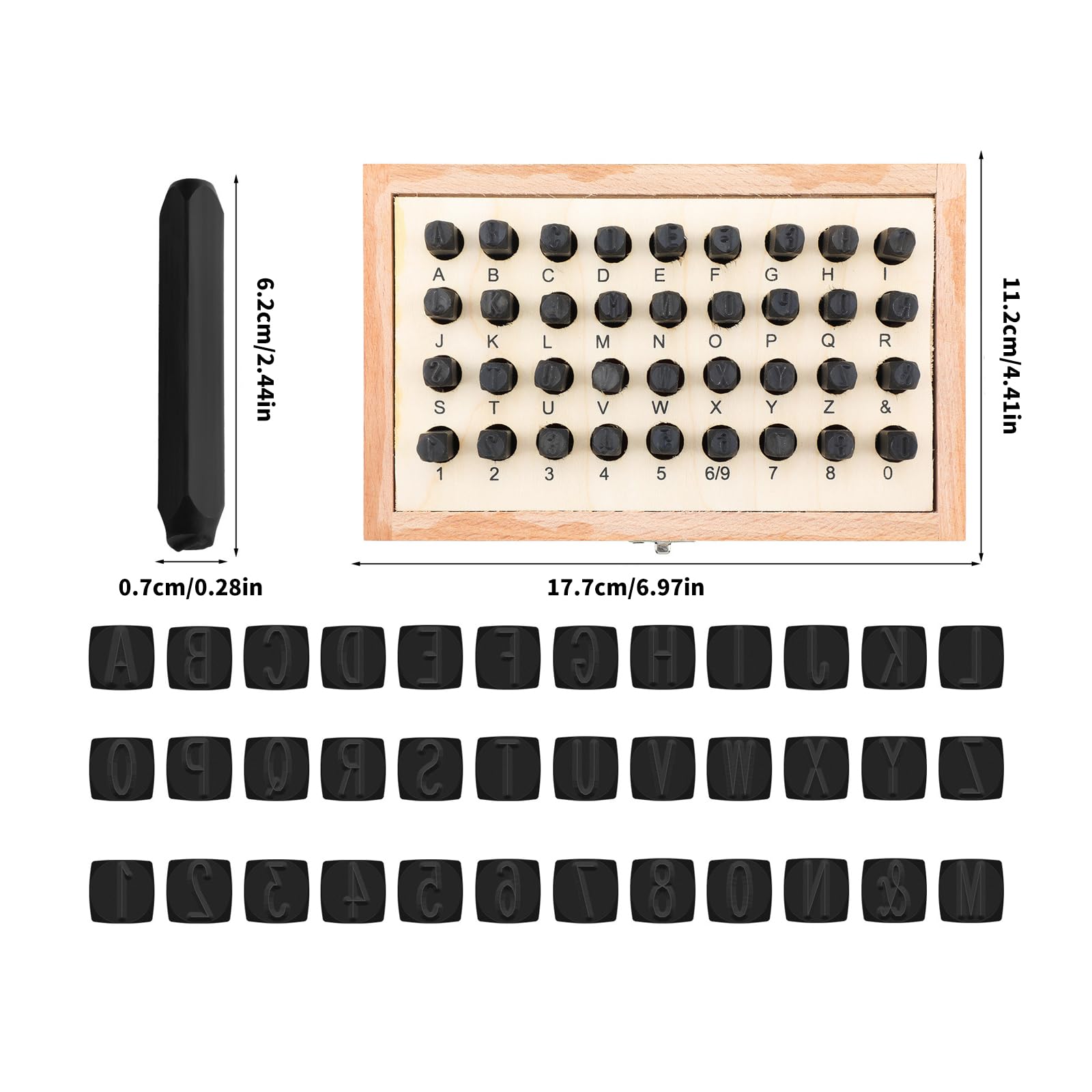 Set di 36 pezzi con manico in metallo per timbratura in pelle, 6 mm, numero e lettera, strumento per punzonatura in pelle, strumento per goffratura, set di timbri in metallo
