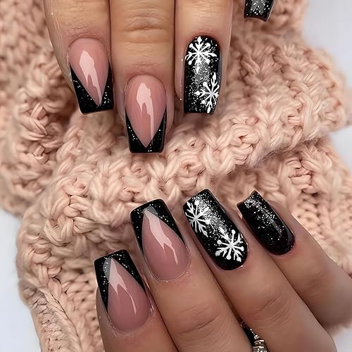 Black Christmas Press on Nails Winter Snowflake Fake Nails Medium