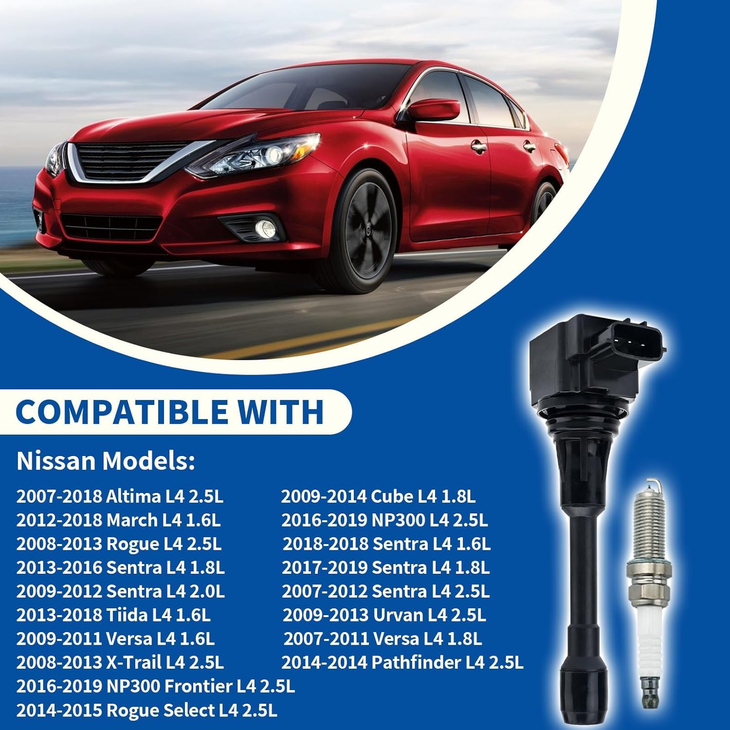 Set of 4 Ignition Coil Pack & Spark Plugs Compatible with Nissan 2007-2019 Altima/Rogue/Sentra L4 Compatible with Infiniti FX50/M56 V8 Replaces UF549 & 9029 Fix Misfire & Check Engine Light