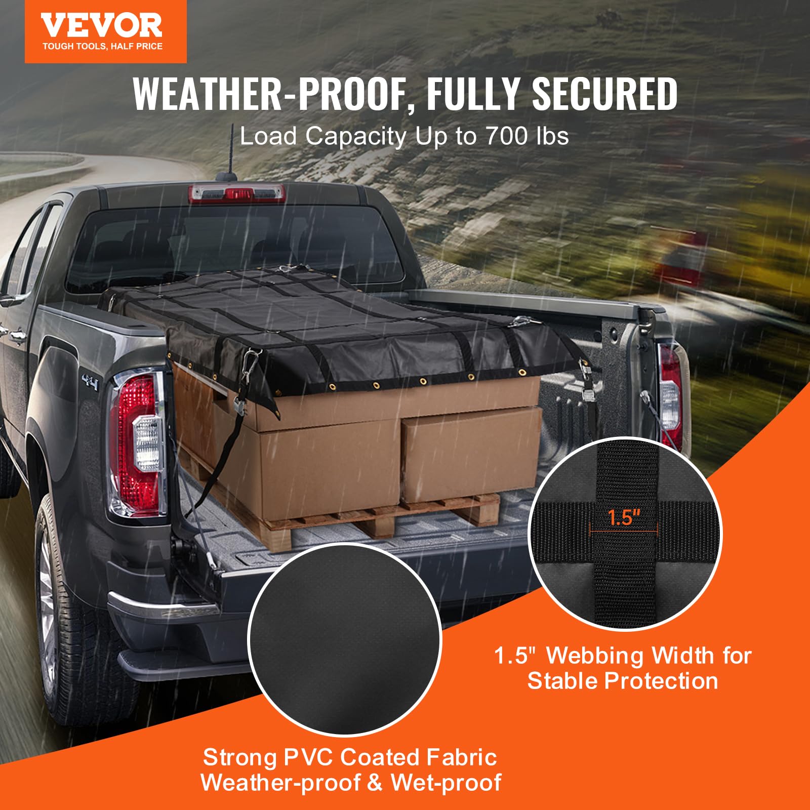 VEVOR Frachtnetz, 183 x 145 cm, LKW-Ladungsnetz für die Ladefläche, 4 verstellbare Gurte mit Karabinern und gummibeschichteten Haken, langlebig, geeignet für Pickup, Jeep, LKW, SUV, Boot (schwarz)