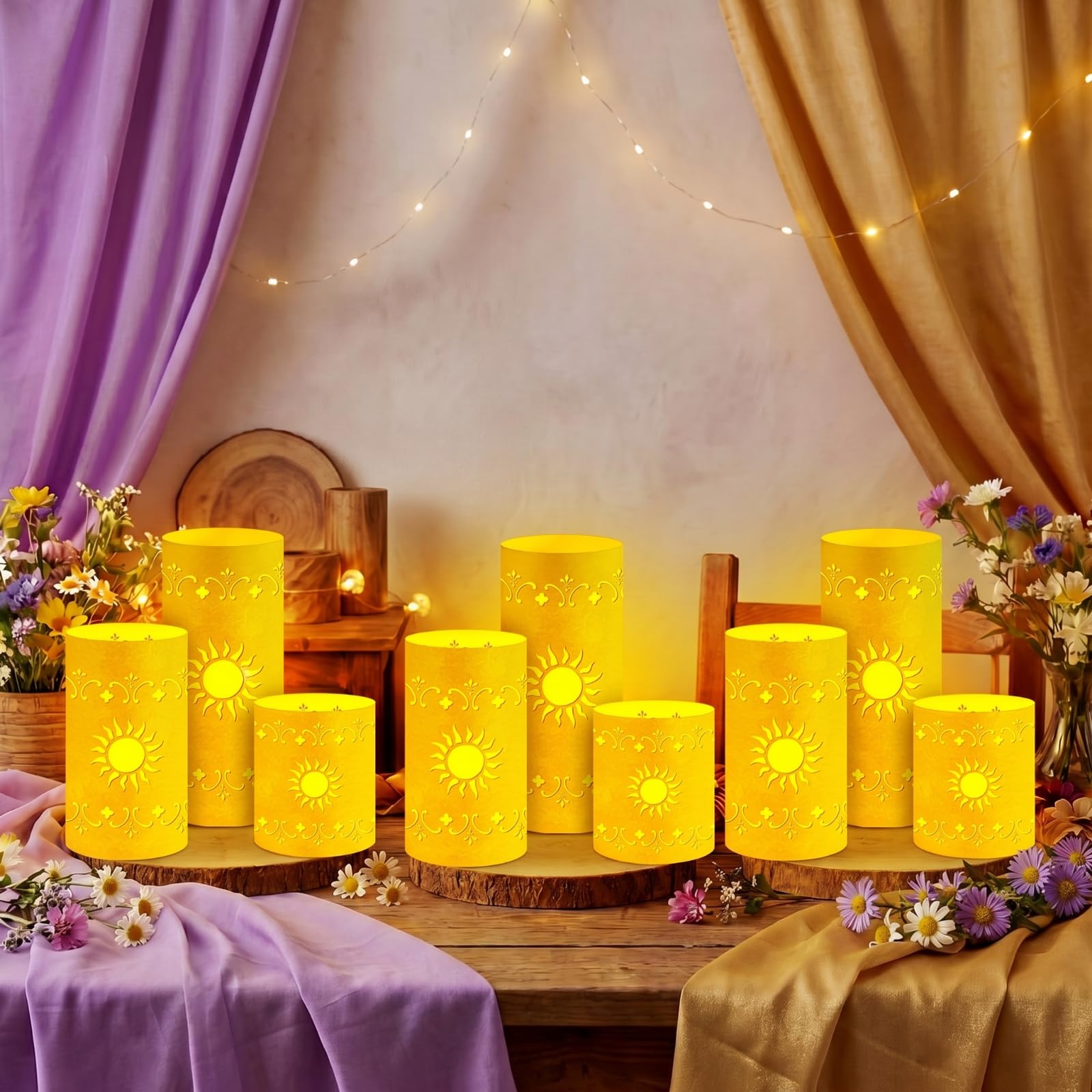 Lot de 12 lanternes solaires de princesse pour table - 3 tailles - Lanternes en papier doré avec bougies chauffe-plat pour soleil, anniversaire, fête prénatale, fête de mariage
