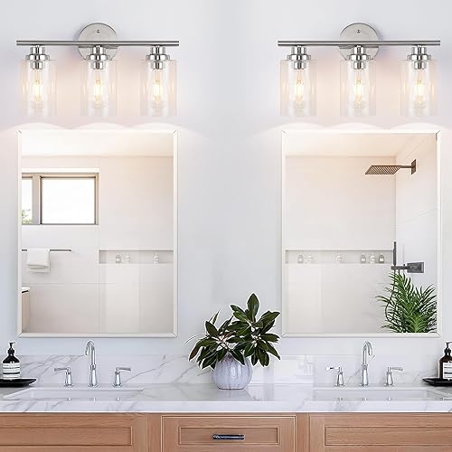 Miniatura 4 de Lámpara de baño de 3 luces, lámpara de tocador moderna de níquel cepillado con pantalla de vidrio transparente, accesorios de iluminación de baño