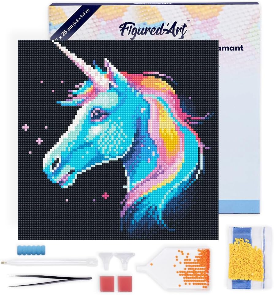 Figured’Art Mini Diamond Painting Art kit for Adults 10"x10" with Frame Full Round Drill 5D Cat Abstract Pop Art Complete DIY - Already Framed Canvas