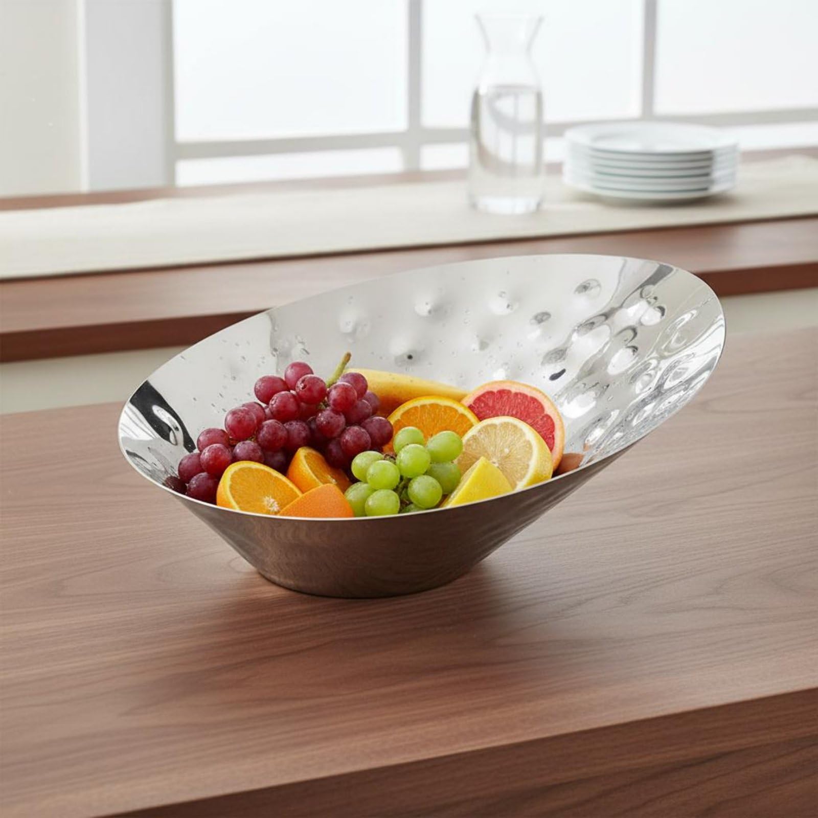 Piatto Industriale Ciotola Frutta Insalatiera Vassoio Portata in Acciaio Inox Finitura E Profilo Inclinato per Presentazioni Curate Adatto a, Grande, Moderno, Martellato