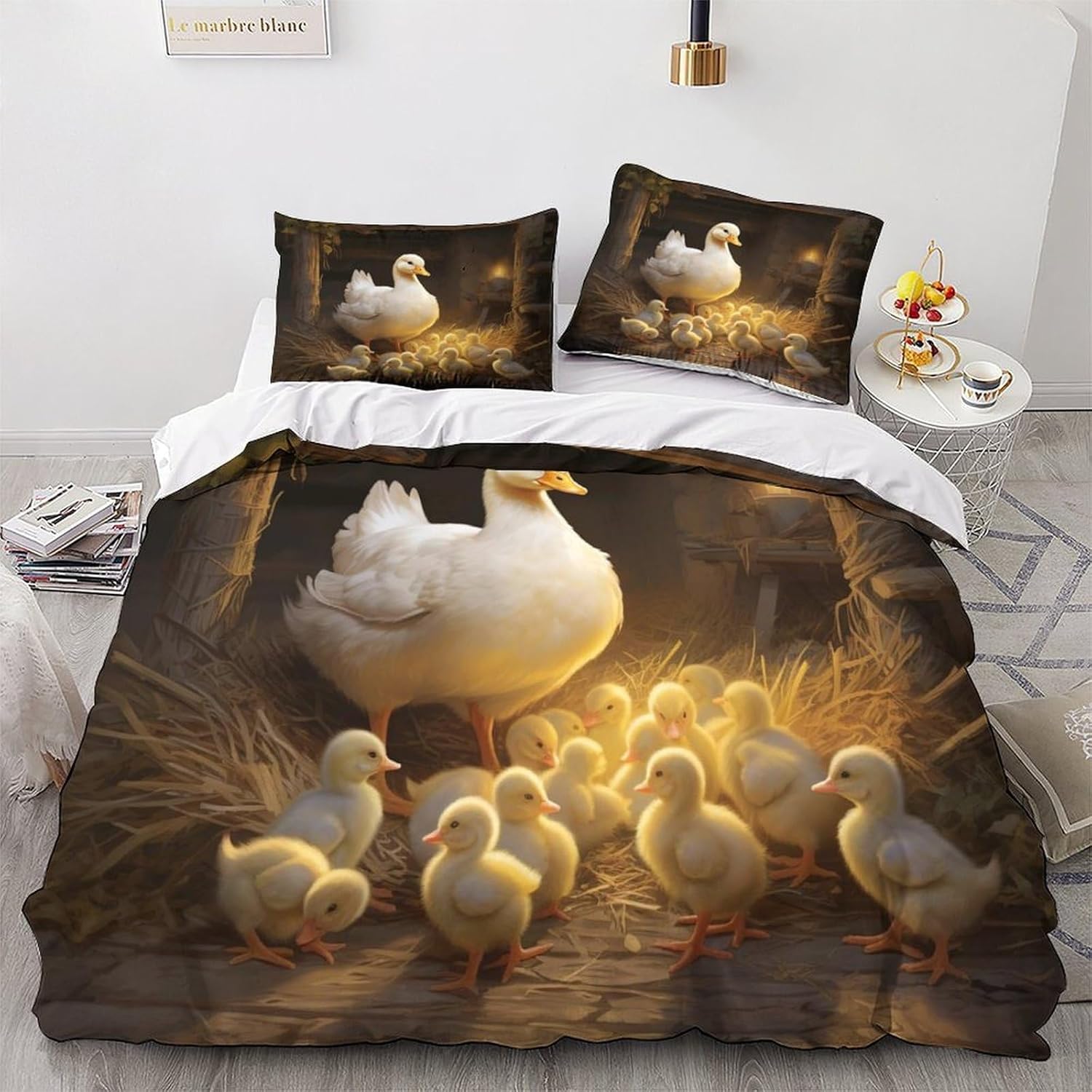 3-częściowy komplet pościeli z motywem gęsi, 220 x 240 cm, poszewka na kołdrę 220 x 240 cm, kaczka, druk 3D, zestaw pościeli z miękkiej mikrofibry z zamkiem błyskawicznym i 2 poszewkami na poduszkę 80