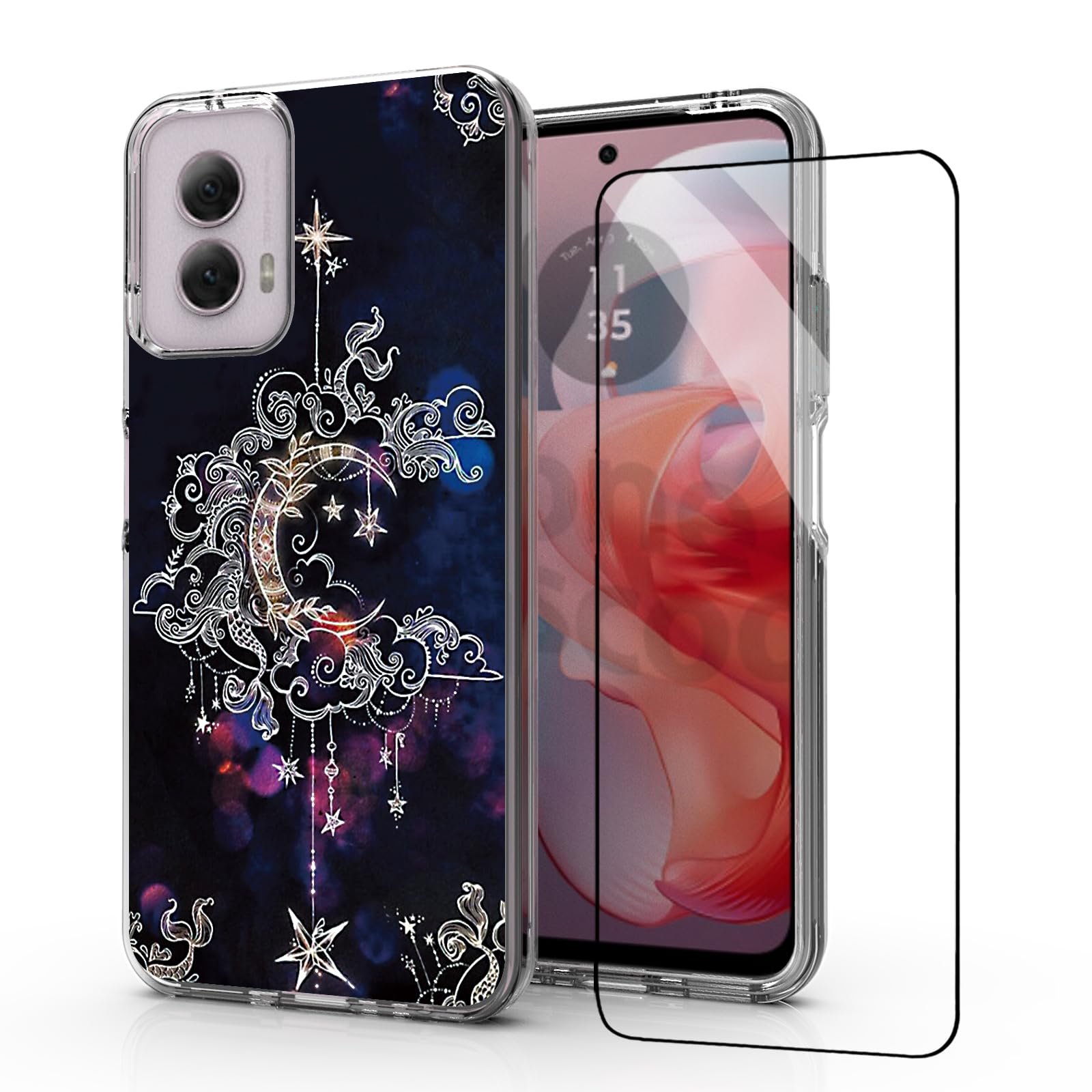 TZZMZCfor Moto G Power 5G 2024 Phone Case, Tempered Glass Protector Dual Layer Resilient Shock Absorb Phone Case (Black, for Moto G Power 5G 2024)