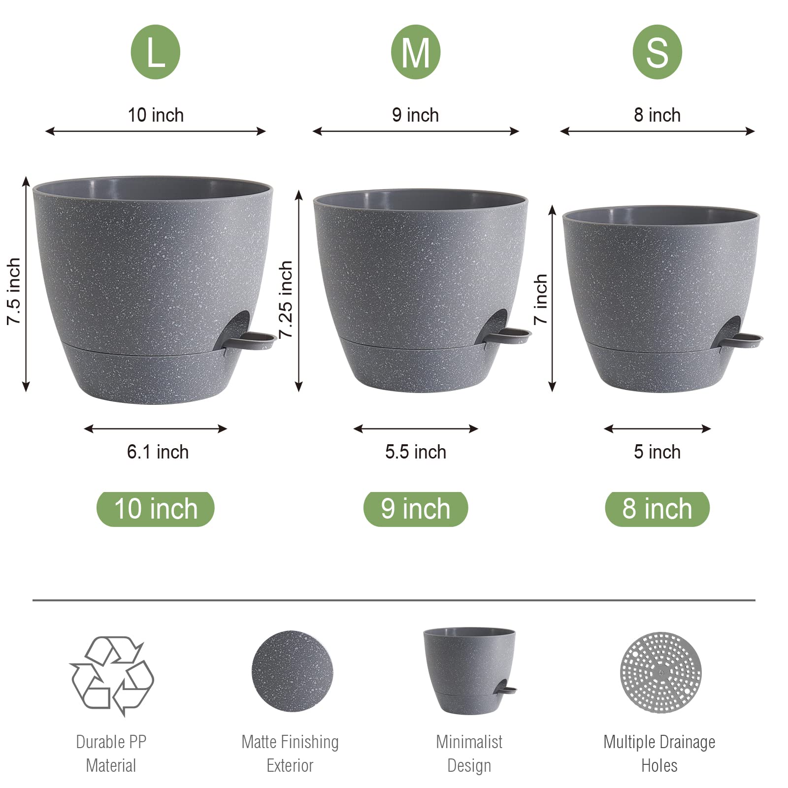 Vanslogreen 3 Vasi Autoirriganti Con Drenaggio – Da 25 A 20 Cm, Per Piante Da Interno/esterno