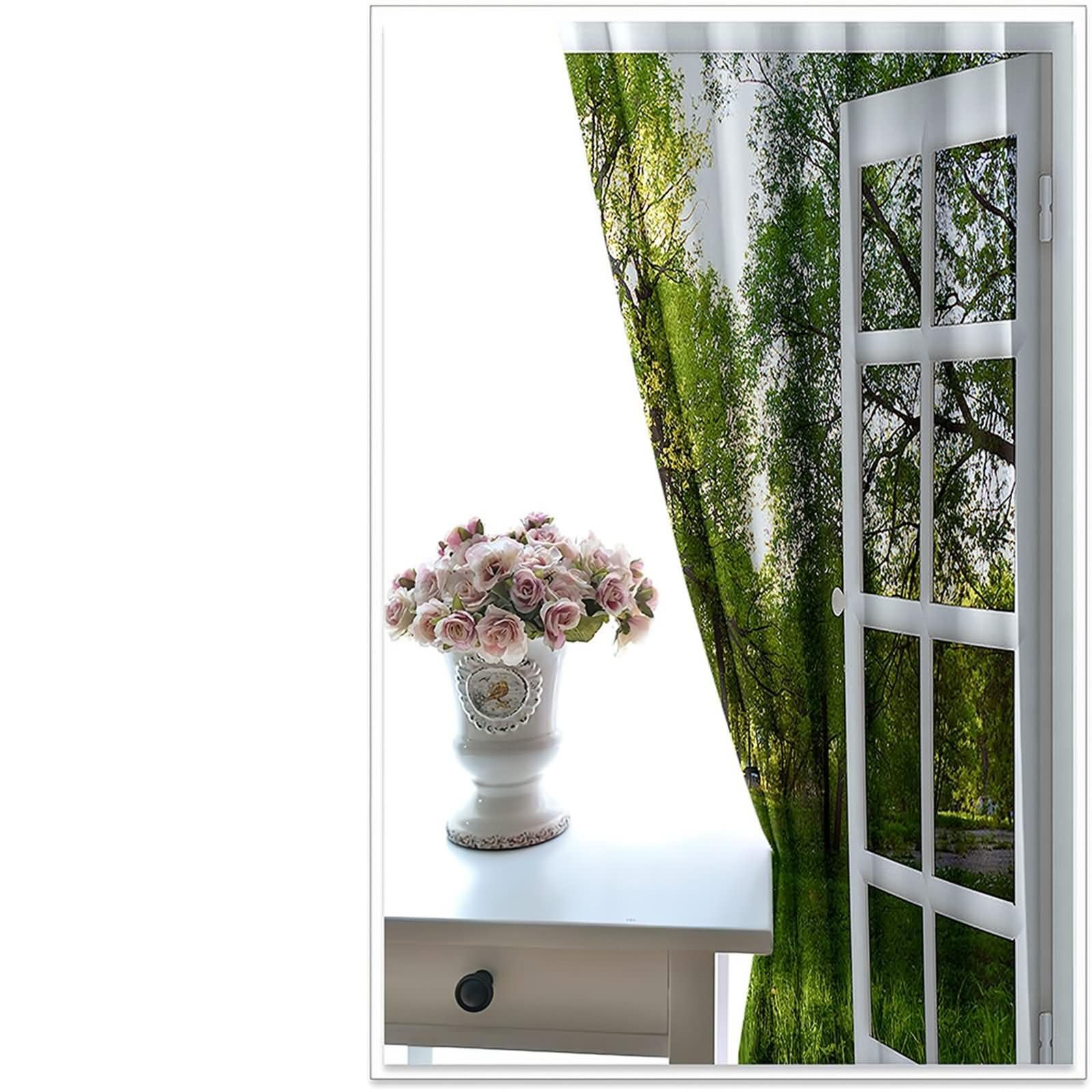 Wärmeisolierende Vorhänge 2er Pack,2 x 214W x 274H cm,Ösen Gardinen Küche Fenster und Waldlandschaft Vorhang für Küchen Modern Weiß Grün