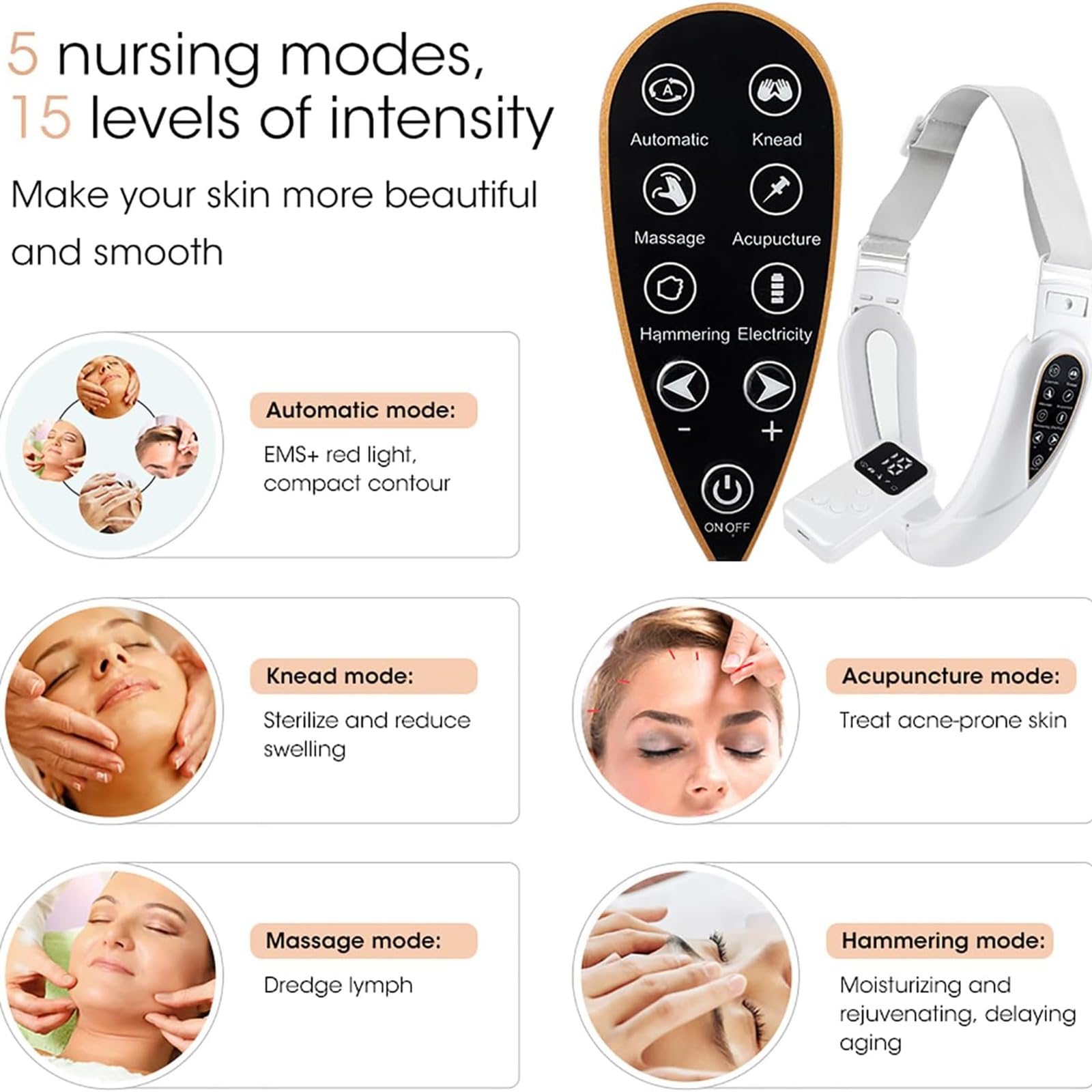 Doppio Chin Reducer Machine, V Line Face Lift Massager, Electric Face Lifting Device with 5 larghe mode and 15 Levels of Intensity Adjustment, for Lifting Saggy Skin& Shaping Double Chin