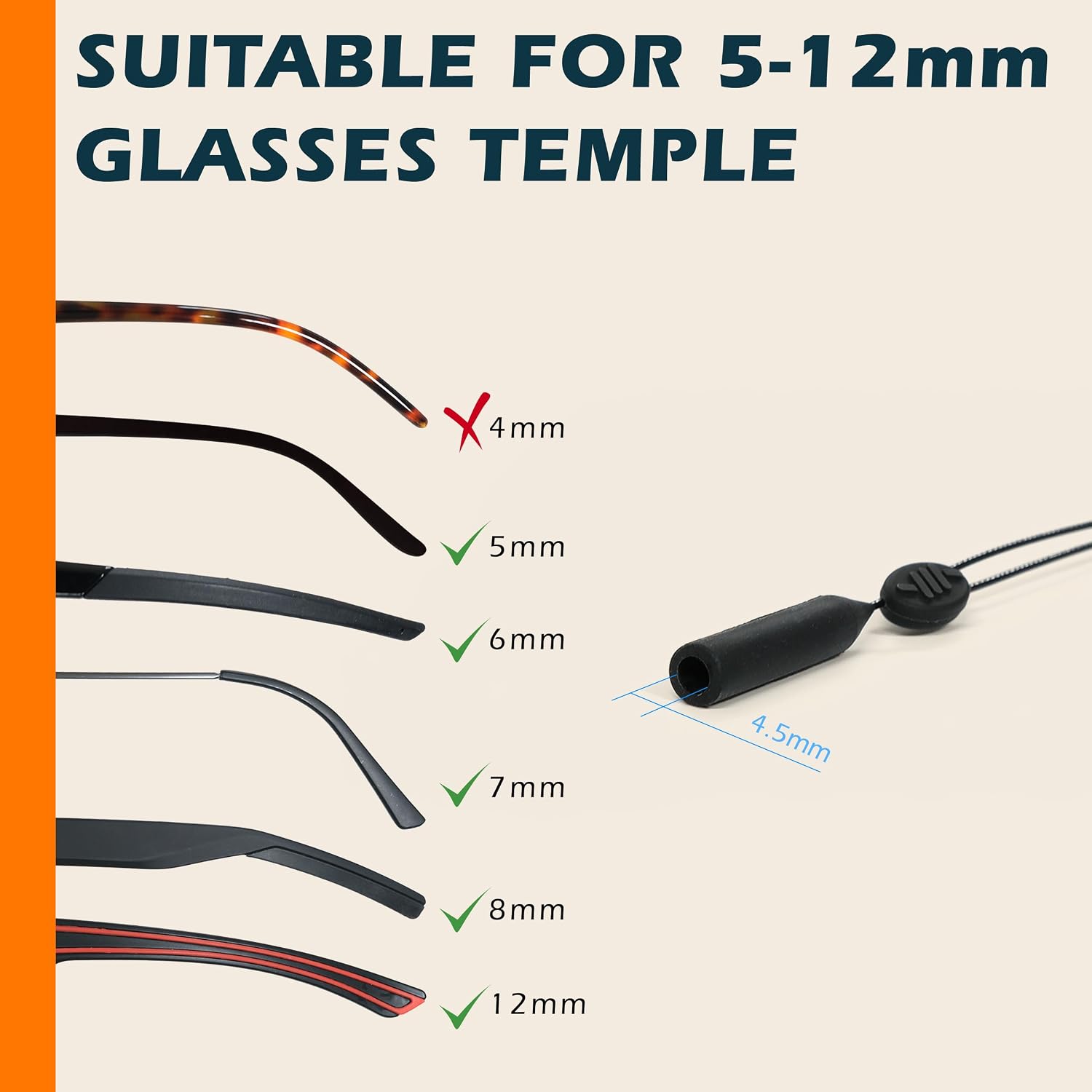 80Days Adjustable Eyeglass Strap: Wire Cable Retainer for Glasses and Sunglasses with Silicone Grips, Secure Fit