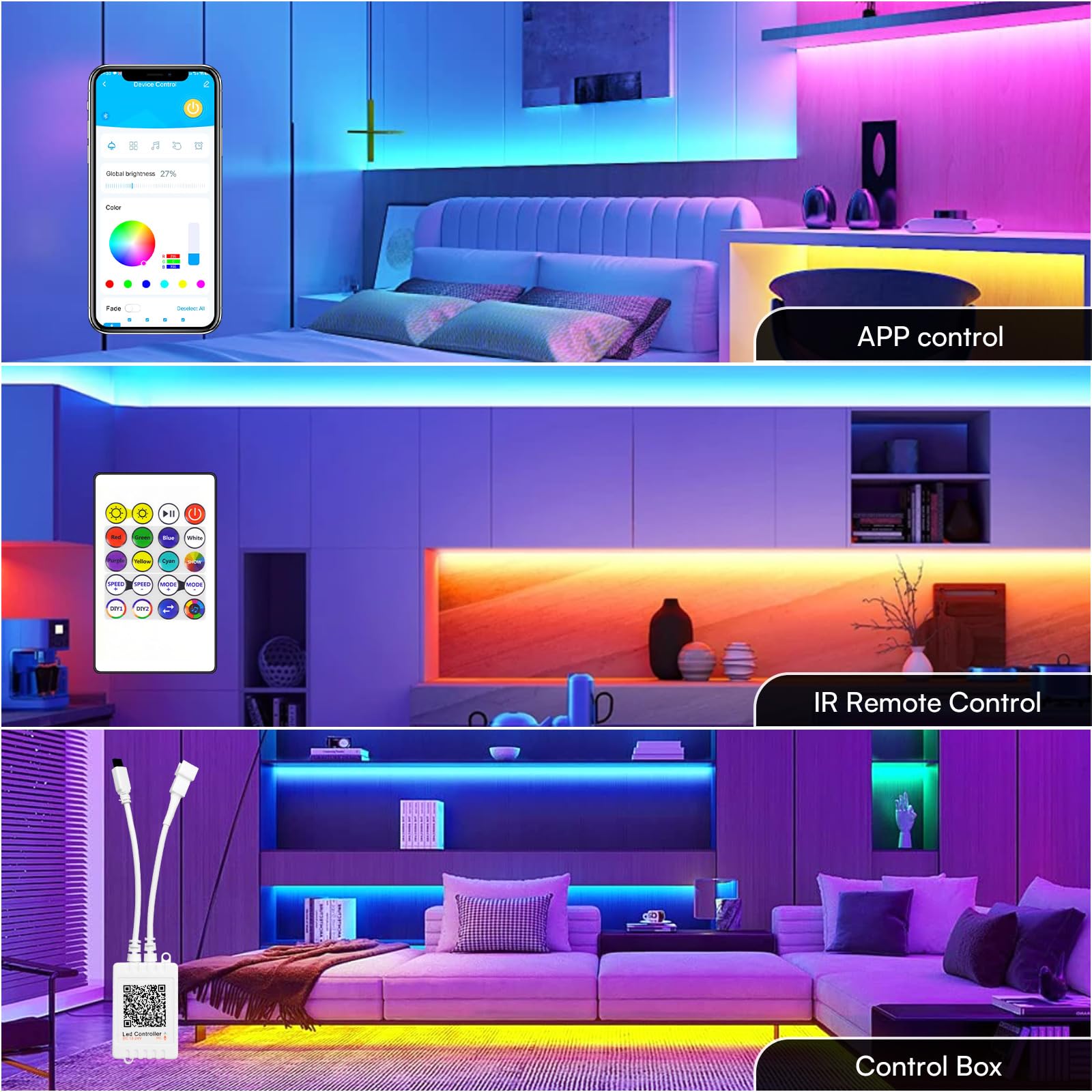 GUPUP Factory Tira de luces LED COB RGB de 16,4 pies, kit de luces de cinta que cambian de color inteligente con control remoto, control de aplicación y modo de música, tira de iluminación flexible pa