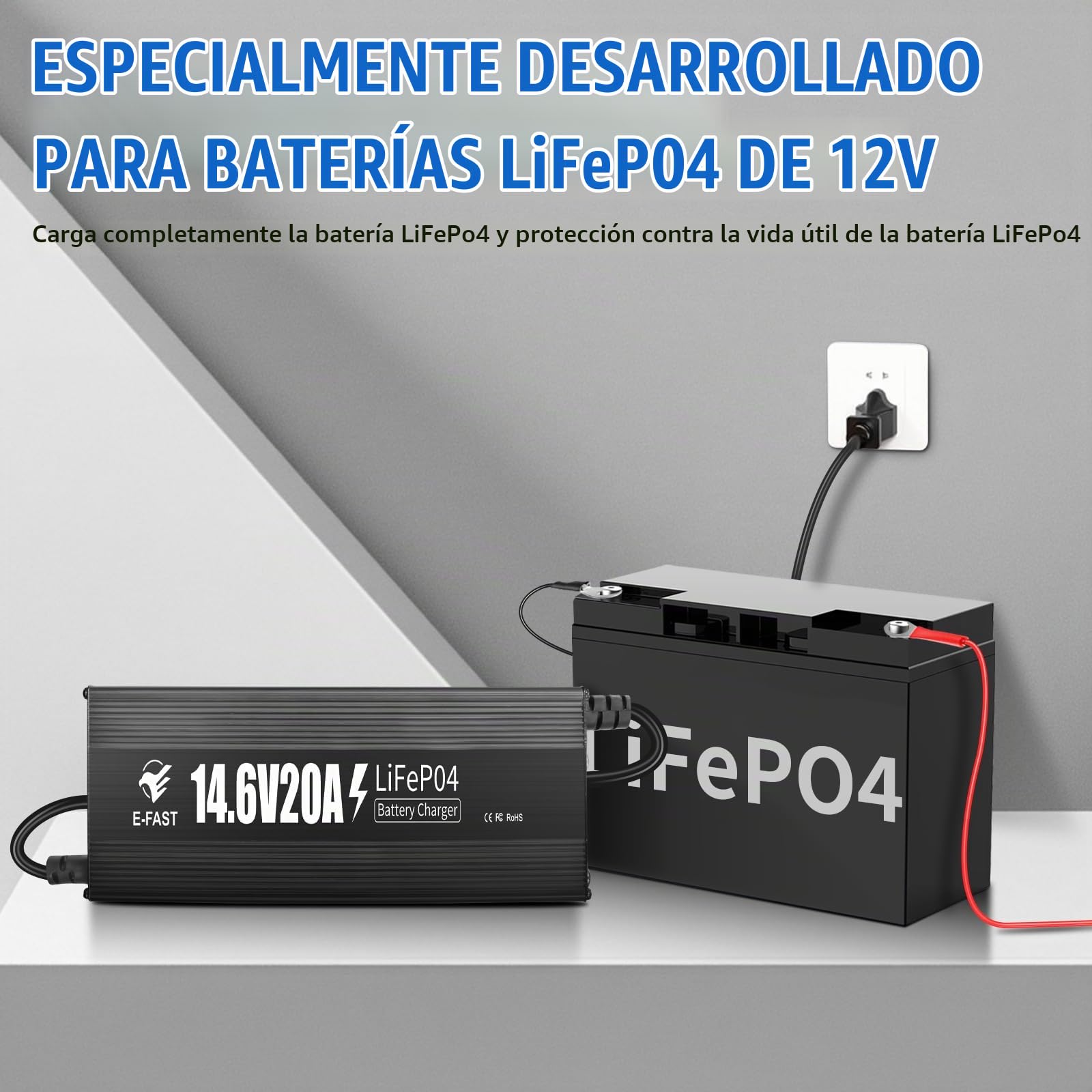 Cargador de batería de 12 V y 20 A, Cargador de batería LiFePO4 de 14,6 V, Especial para baterías Recargables de Ciclo Profundo de Litio
