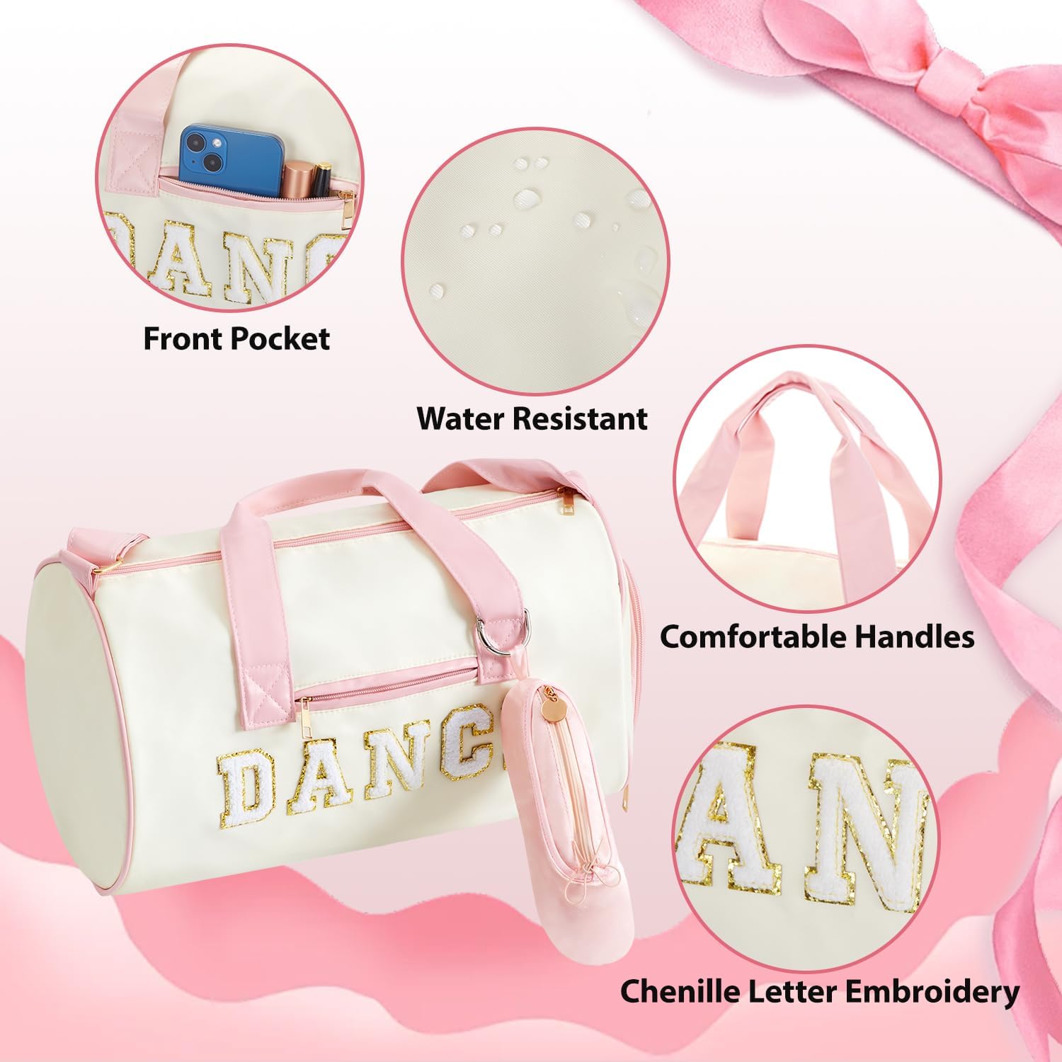 Geetery 2 Pcs Dance Ballet Bag and Ballet Shoe Makeup Bag for Girls, Waterproof Travel Duffel with Chenille Letter, Ballerina Dancer Gifts for Sport Gym Athletes Travel