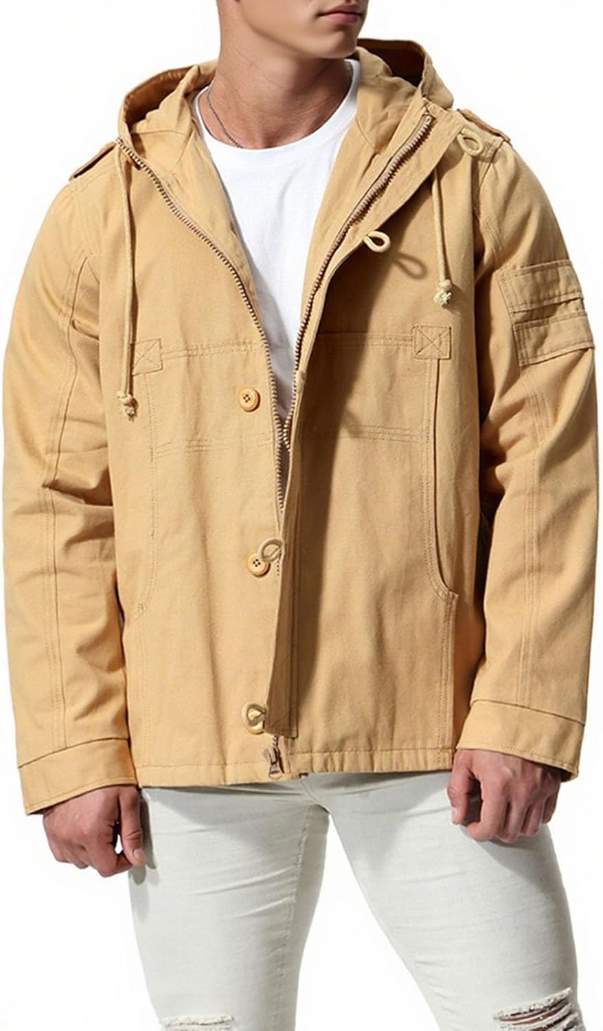 Military Jacket for Men Men's Canvas Cotton Military Casual Field Jacket Zip Tactical Outdoor Outerwear with Hood